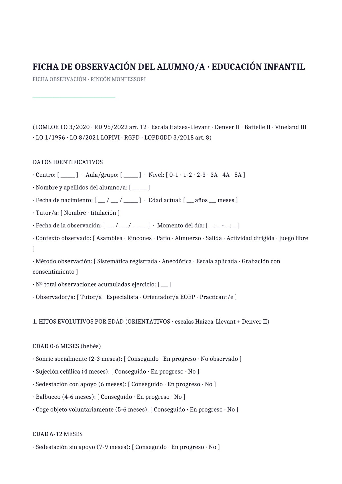 Plantilla Ficha observación uso rincón individual (Montessori)