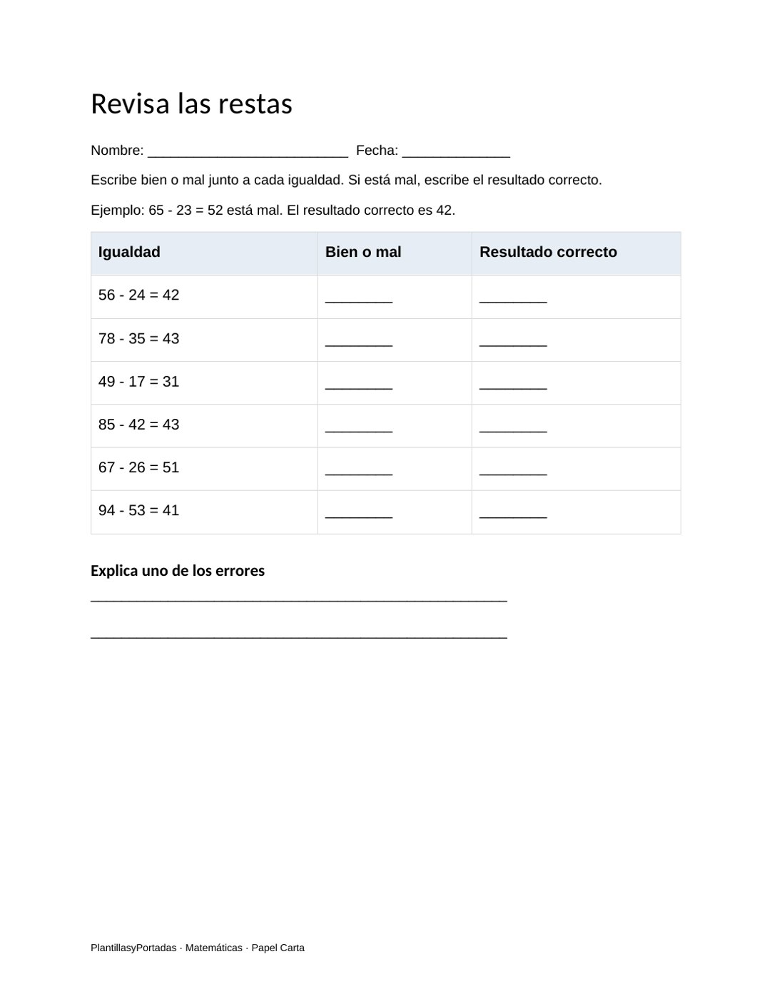 Revisa las restas: vista previa de la plantilla