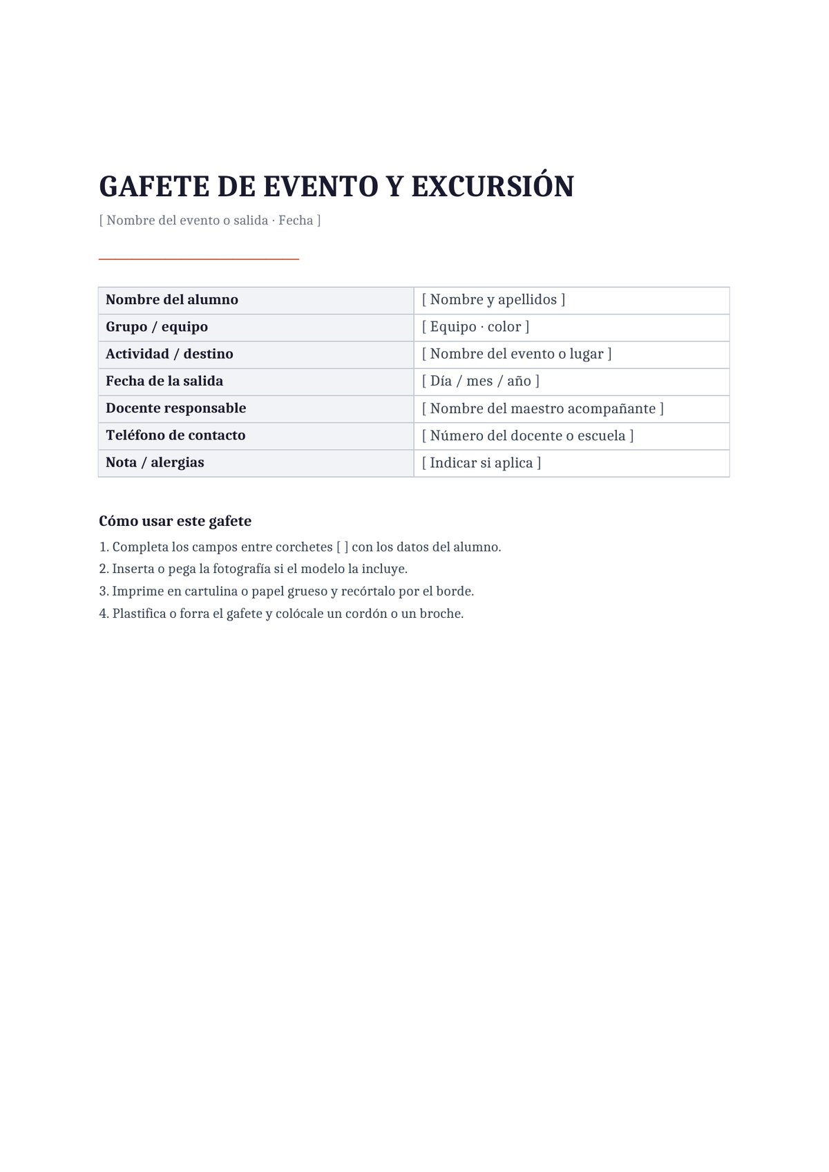 Plantilla Gafete escolar para evento o excursión
