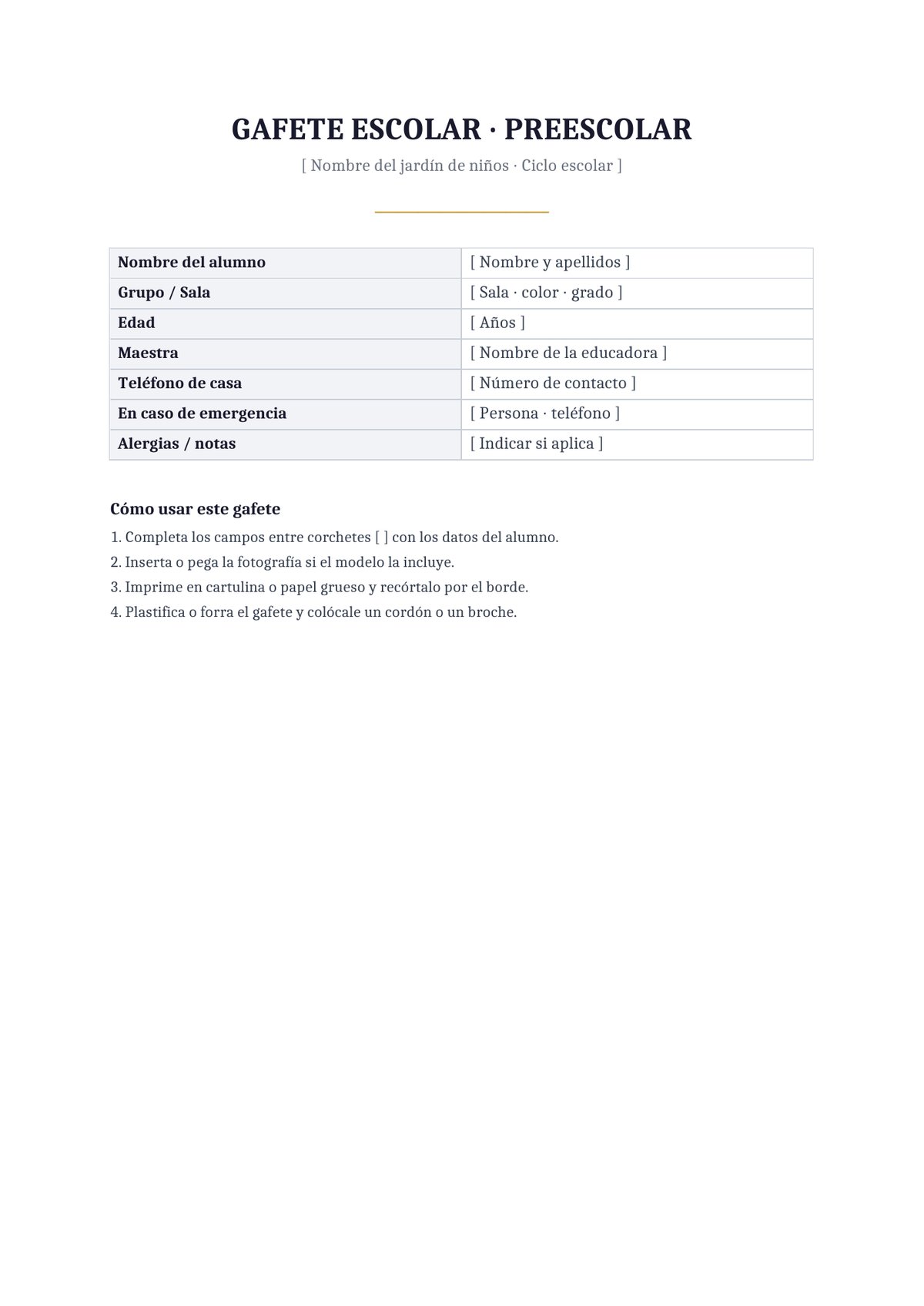Plantilla Gafete escolar de preescolar