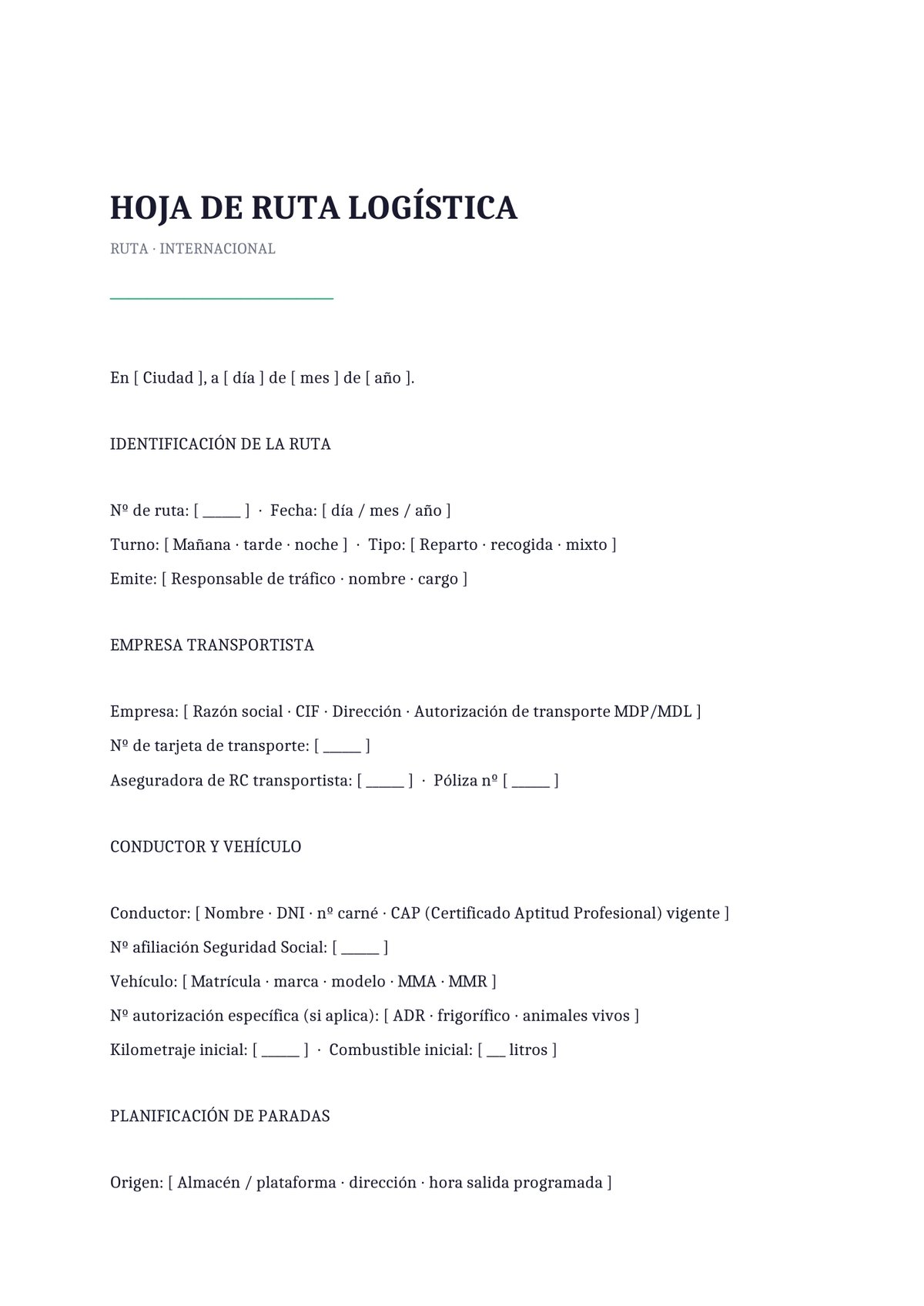 Plantilla Hoja de ruta logística internacional