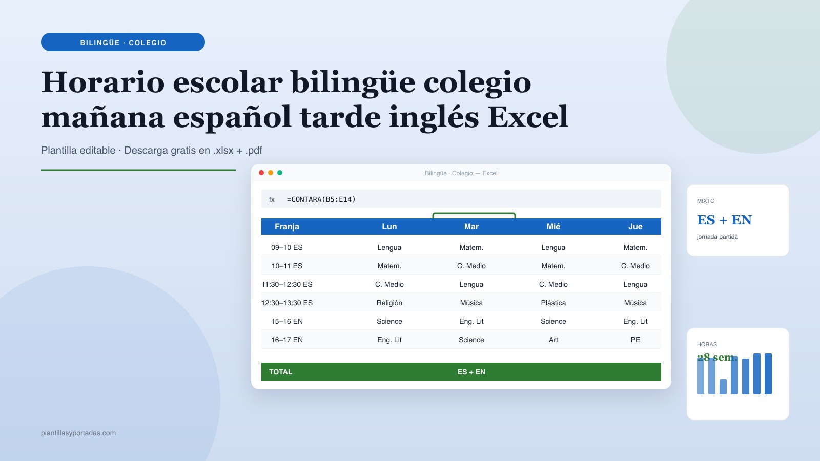 Plantilla Horario escolar · bilingüe colegio mañana + tarde en Excel