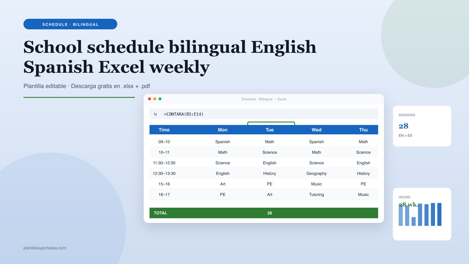 Plantilla Horario escolar · bilingüe ES + EN school schedule en Excel