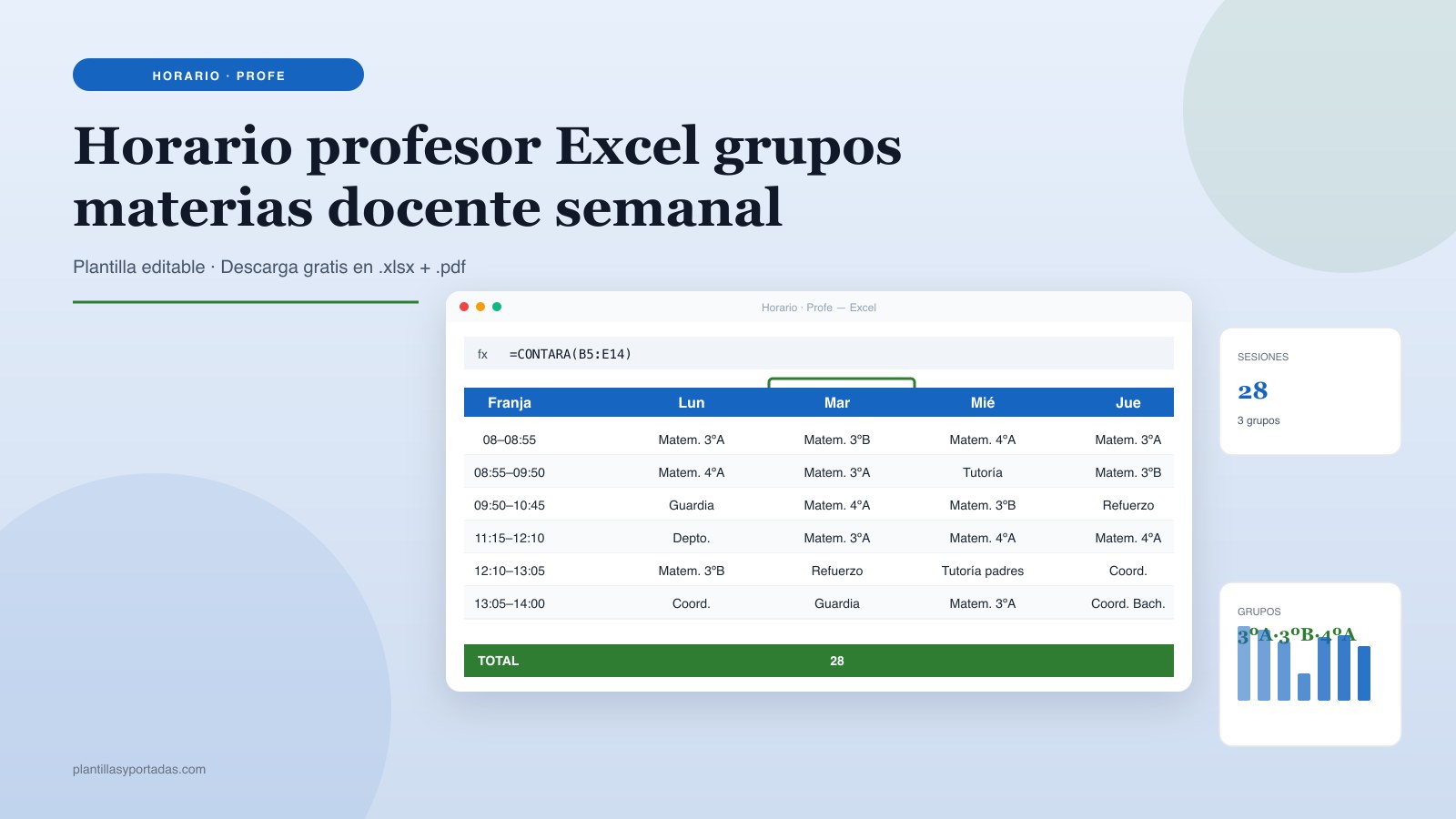 Plantilla Horario escolar · semanal profesor en Excel