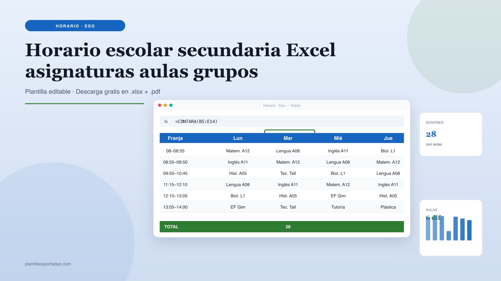Plantilla Horario escolar · semanal alumno secundaria en Excel