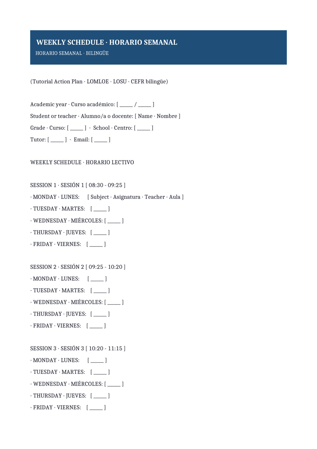 Plantilla Horario semanal bilingüe (ES + EN)
