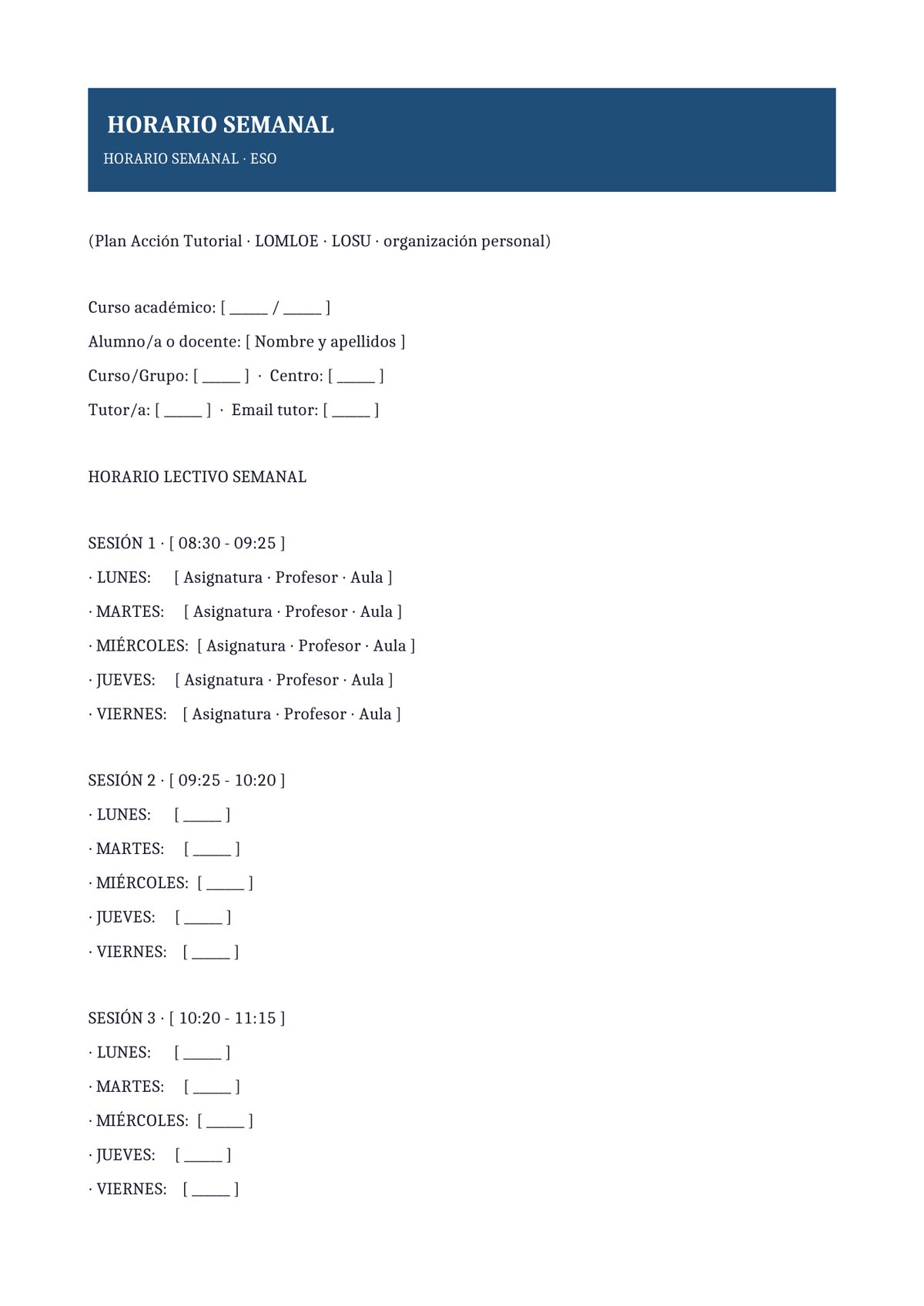 Plantilla Horario semanal ESO