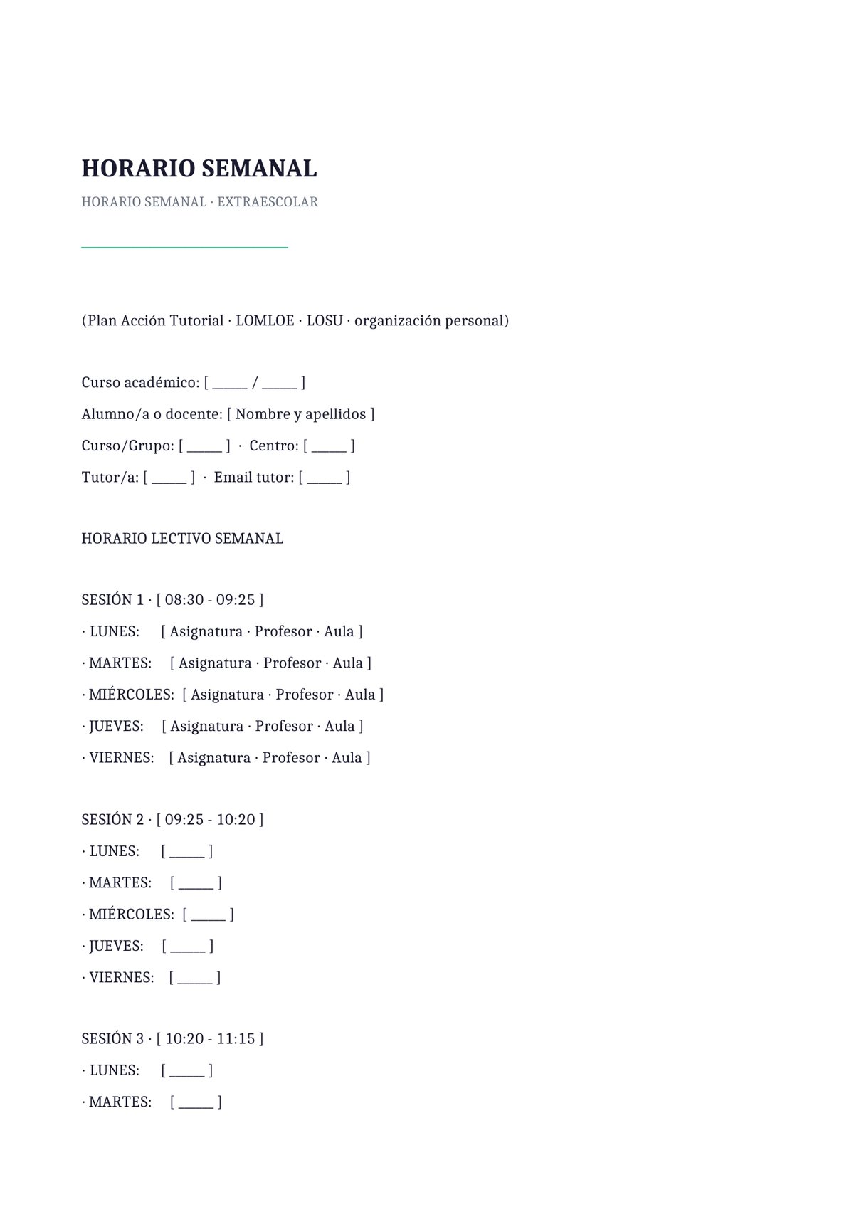 Plantilla Horario semanal extraescolar