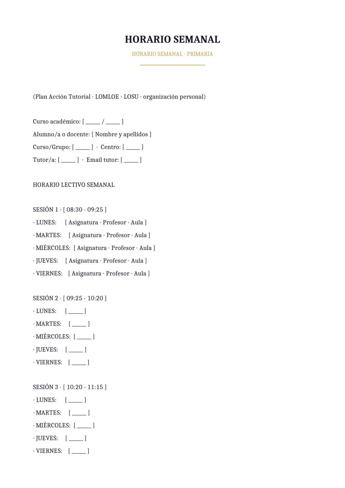 Plantilla Horario semanal primaria