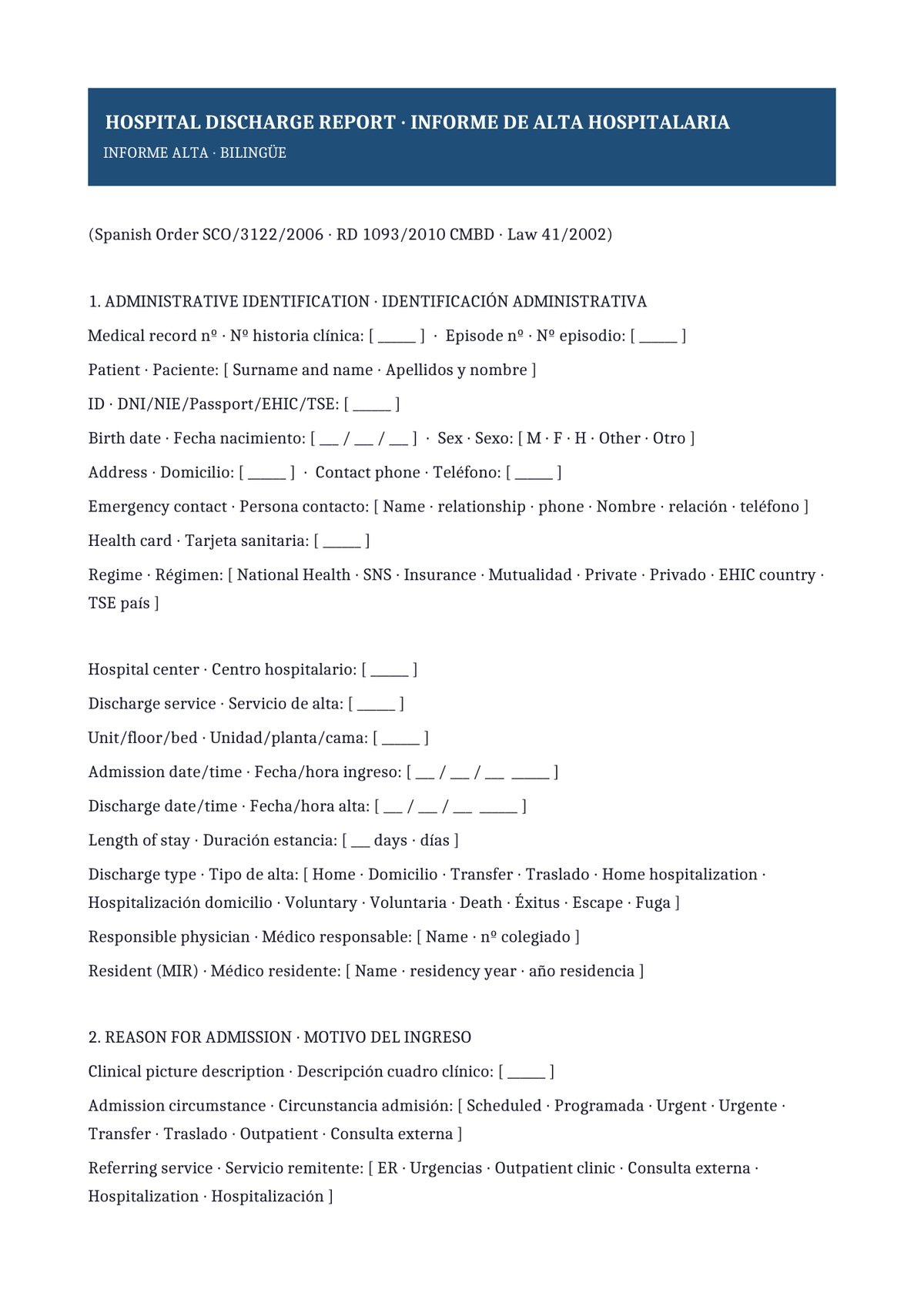 Plantilla Informe de alta hospitalaria bilingüe (ES + EN)