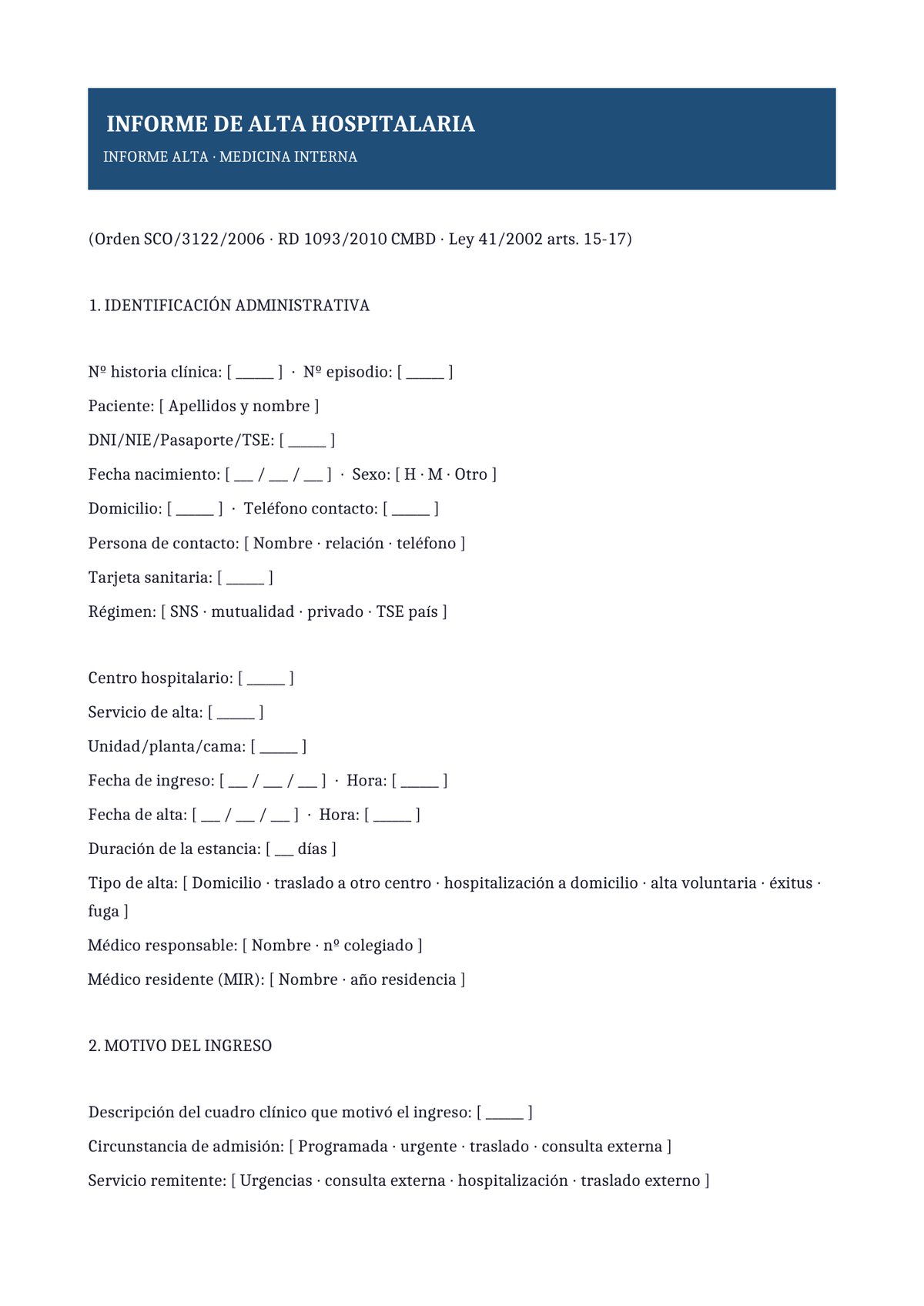 Plantilla Informe de alta medicina interna