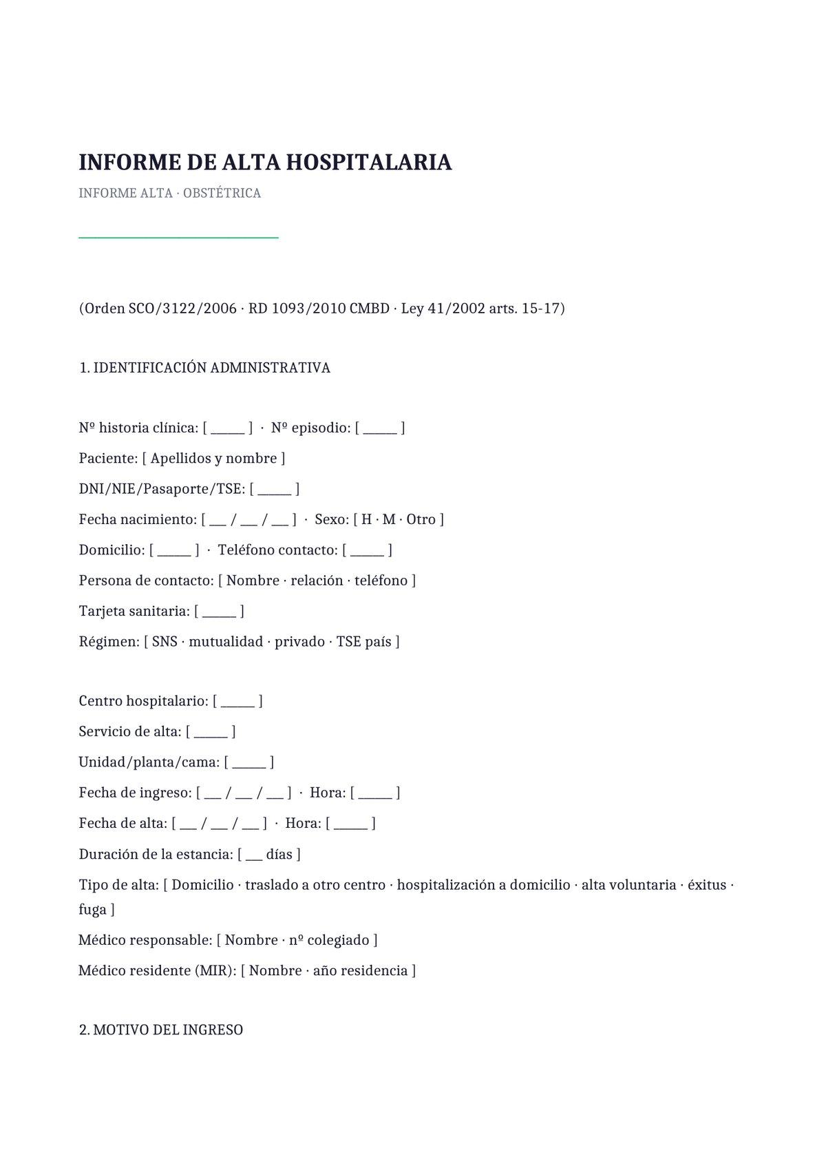Plantilla Informe de alta obstétrica