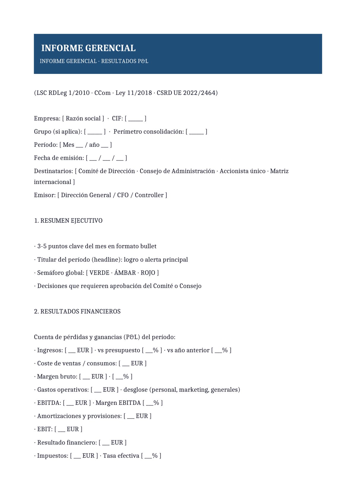Plantilla Informe gerencial resultados P&L