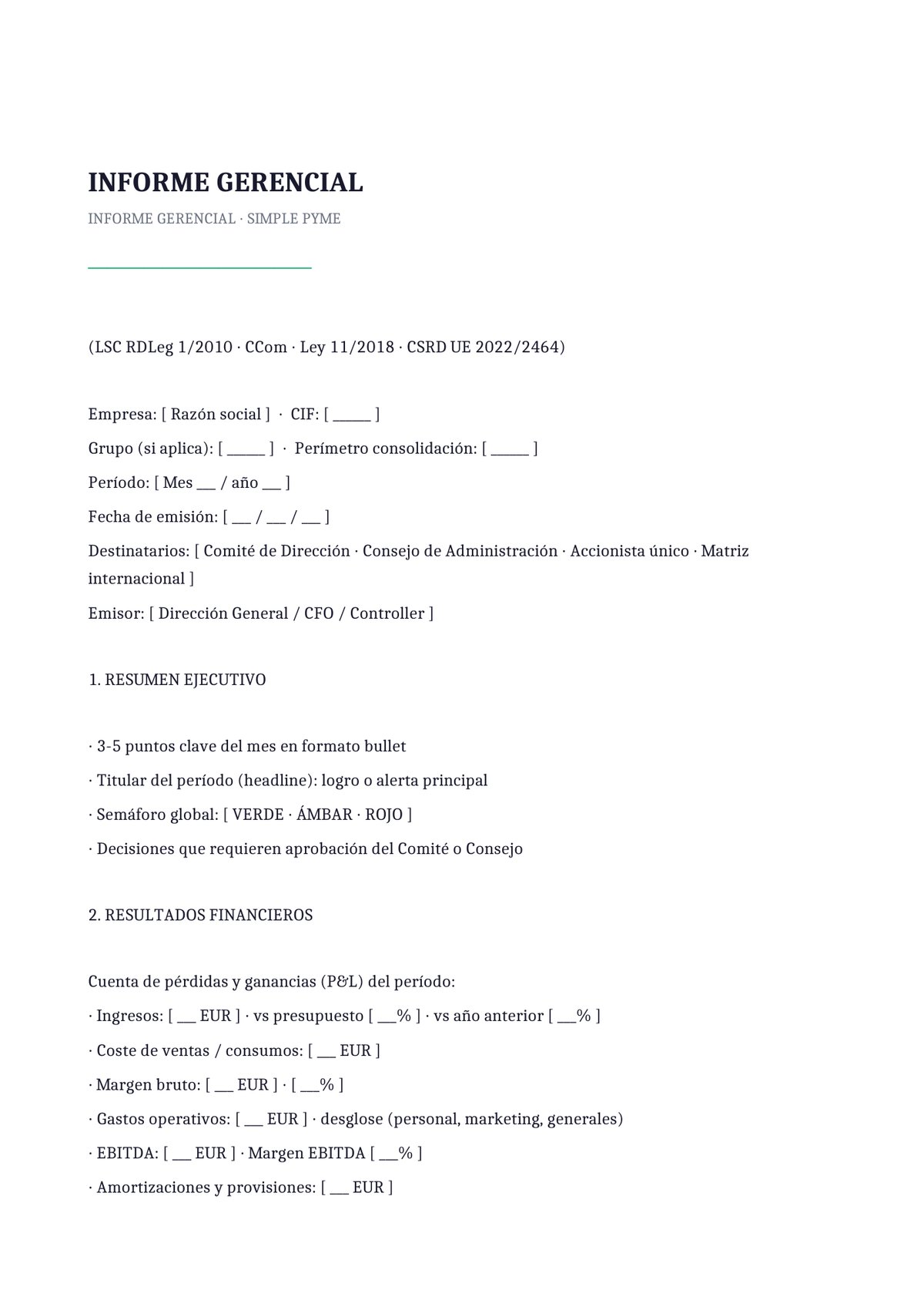 Plantilla Informe gerencial simple PYME