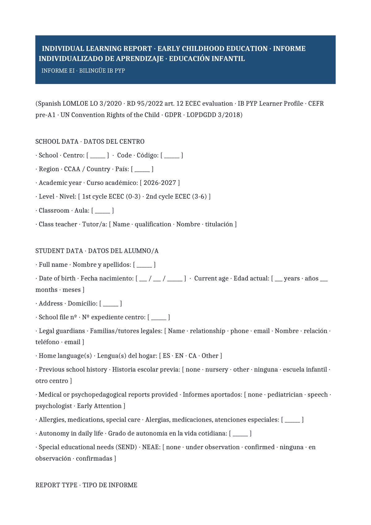 Plantilla Informe individualizado EI bilingüe (ES + EN · IB PYP)