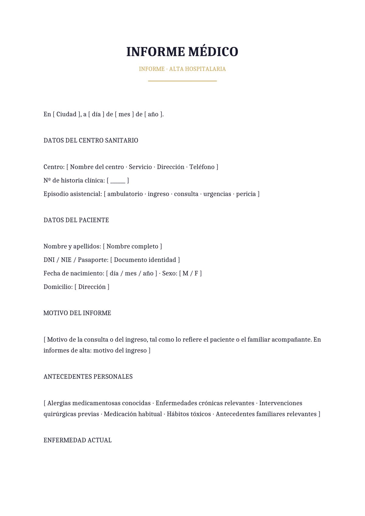 Plantilla Informe médico de alta hospitalaria