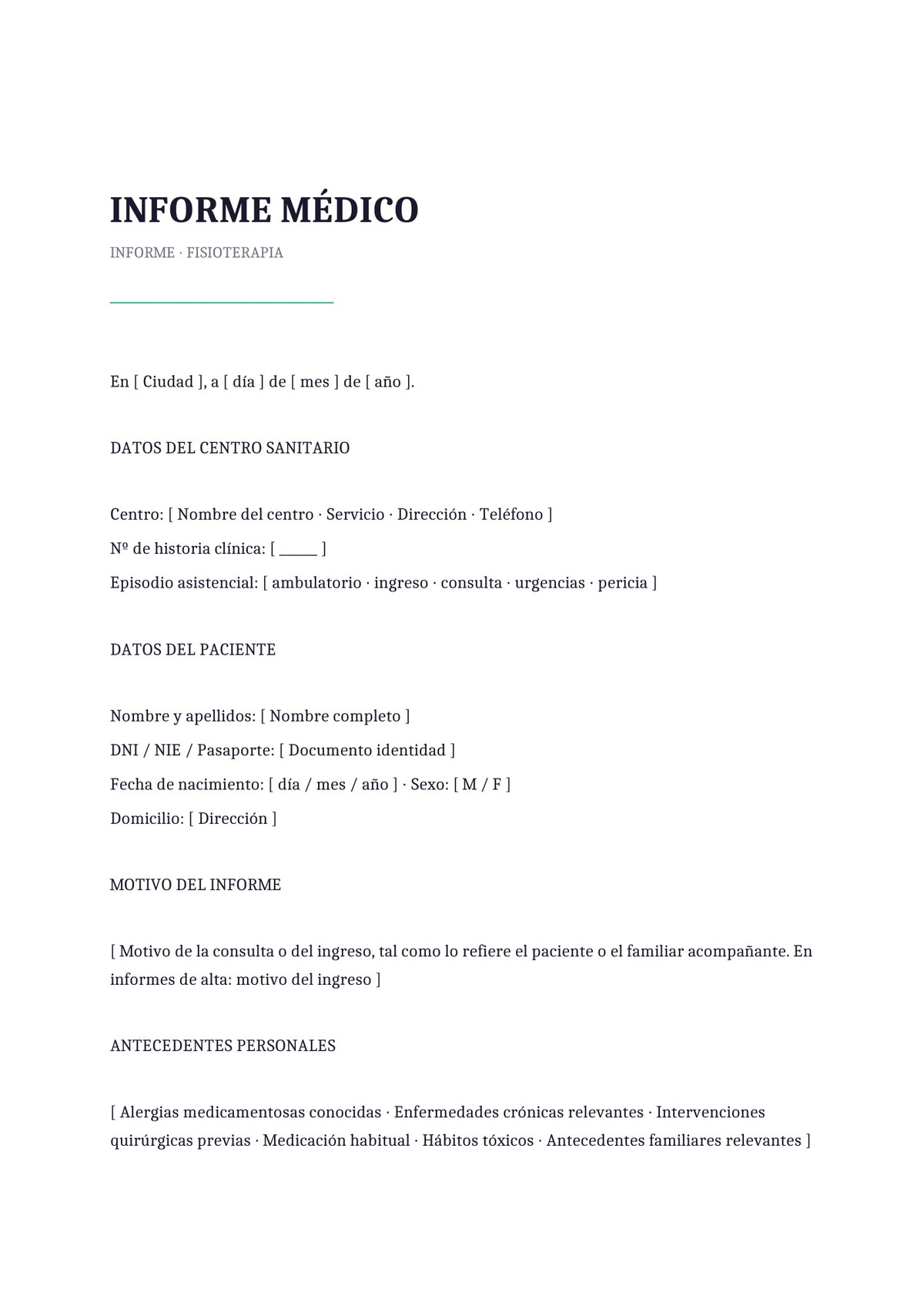 Plantilla Informe médico de fisioterapia
