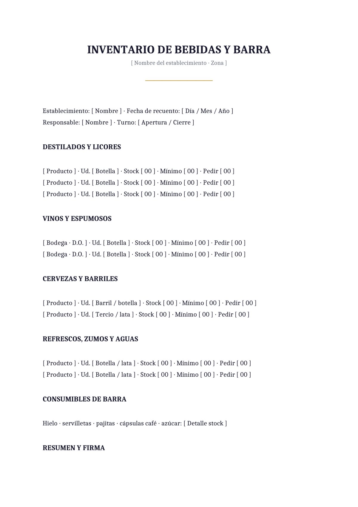 Plantilla Inventario de bebidas y barra