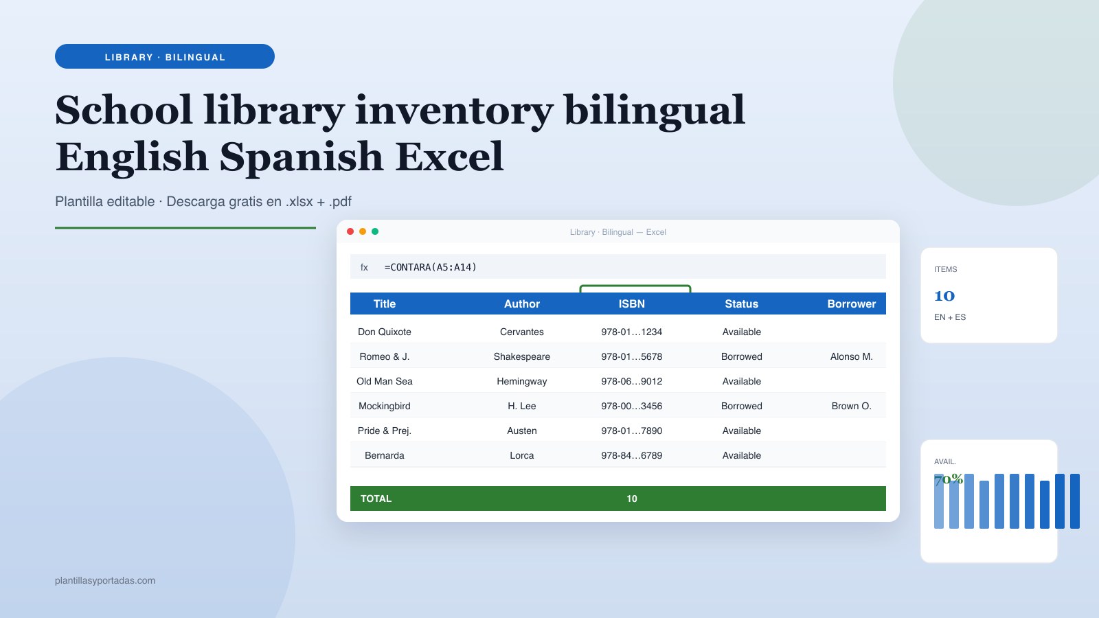 Plantilla Inventario biblioteca escolar · bilingüe ES + EN library inventory en Excel