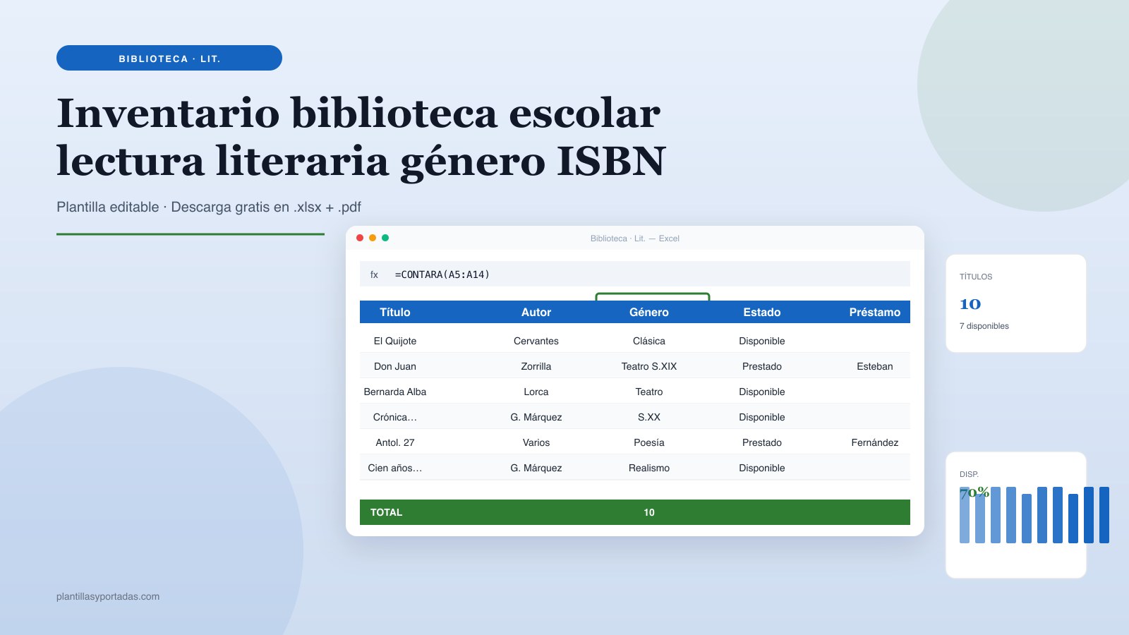 Plantilla Inventario biblioteca escolar · lectura literaria con ISBN en Excel