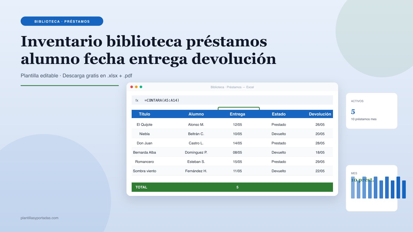 Plantilla Inventario biblioteca escolar · préstamos con fecha de devolución en Excel