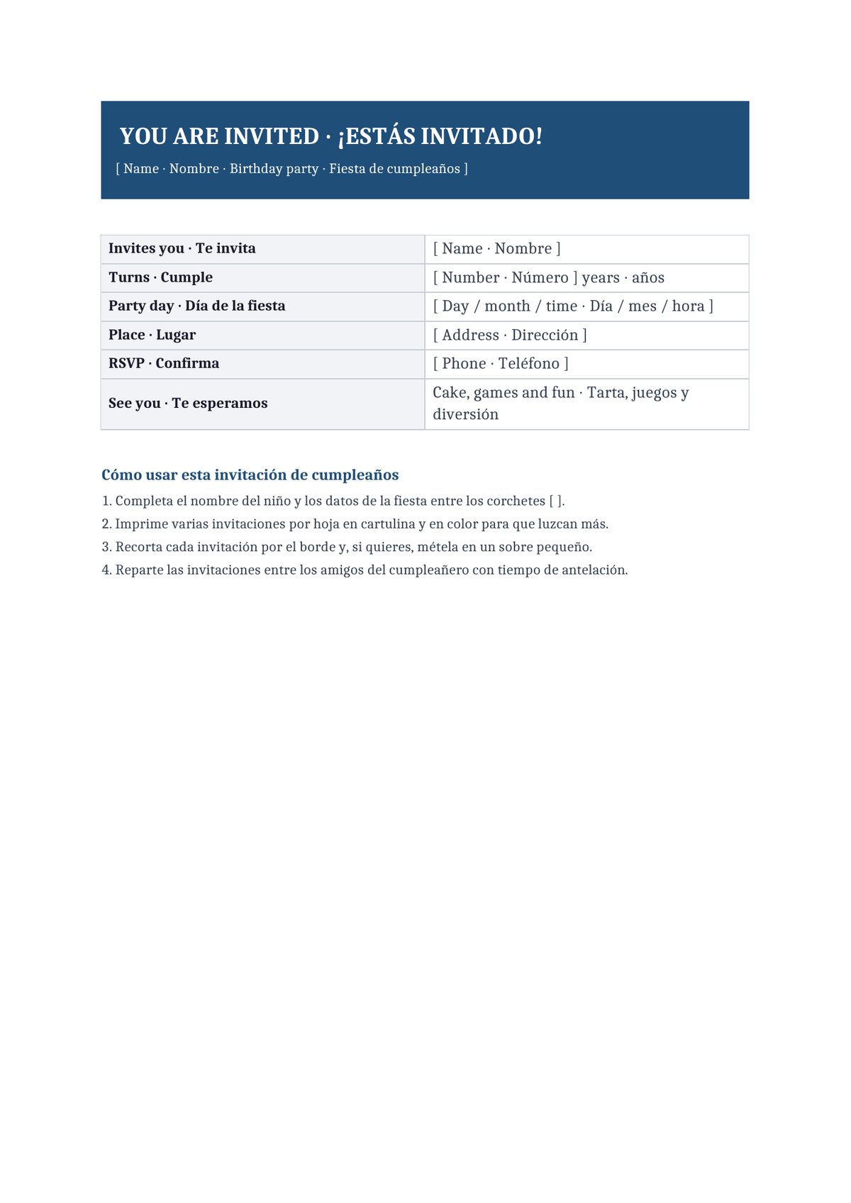 Plantilla Invitación de cumpleaños bilingüe (ES + EN)