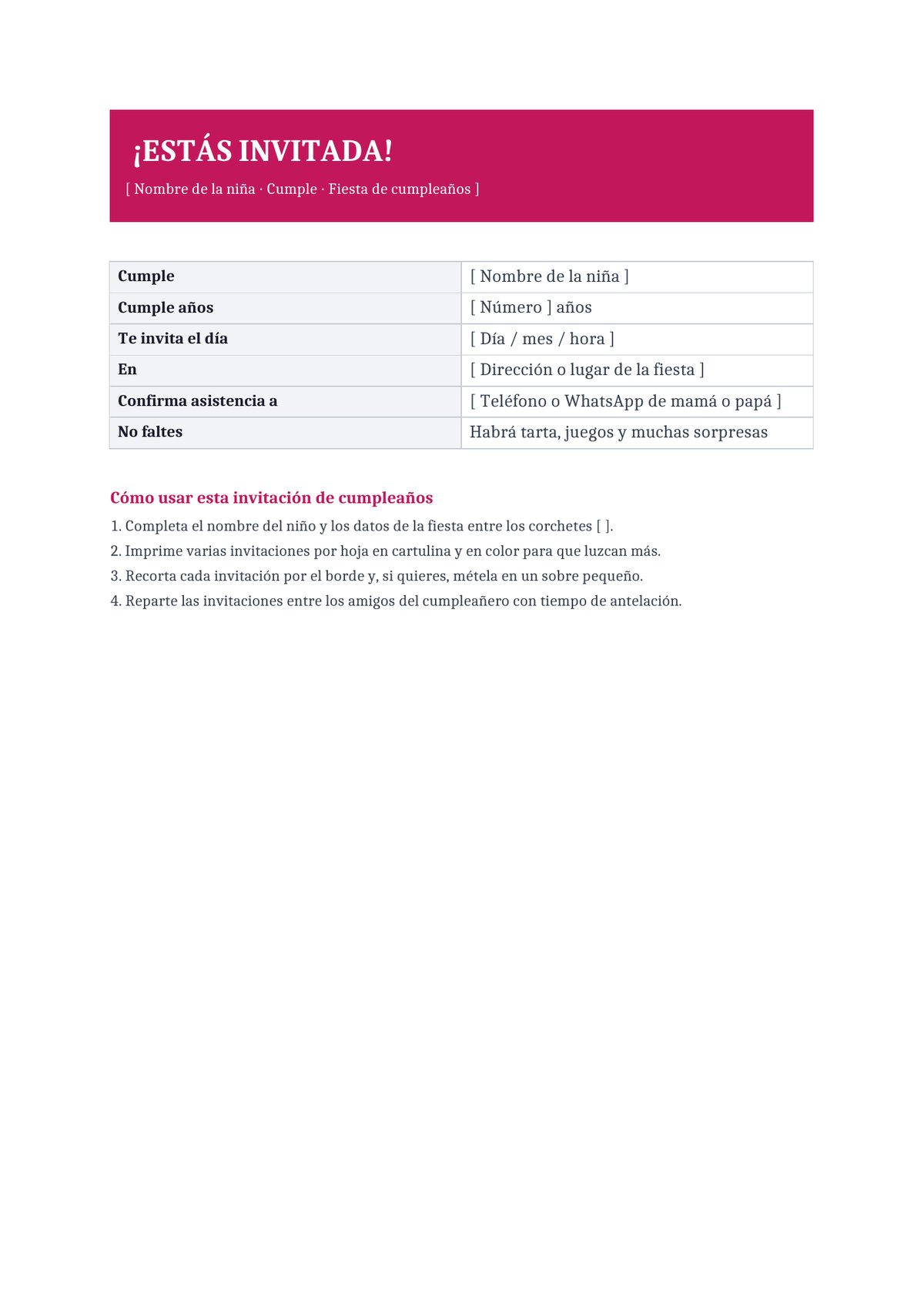 Plantilla Invitación de cumpleaños para niña