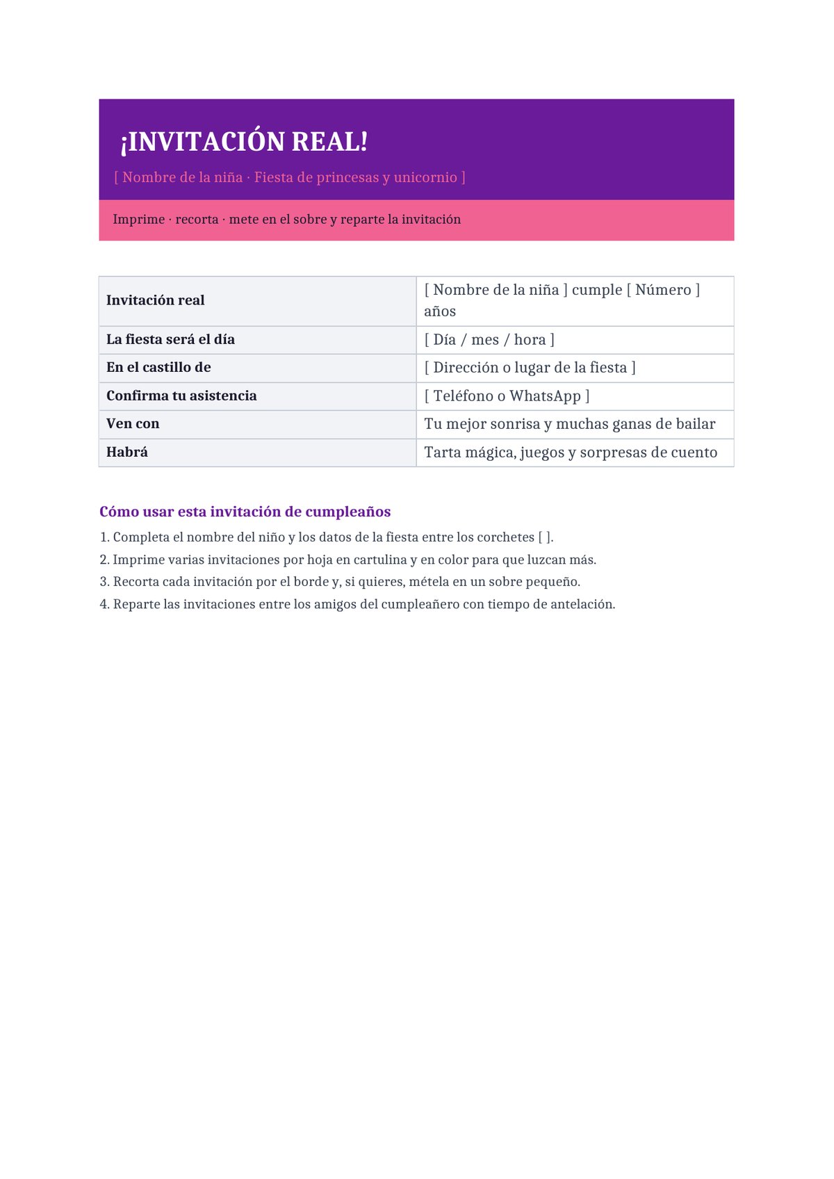 Plantilla Invitación de princesas y unicornio