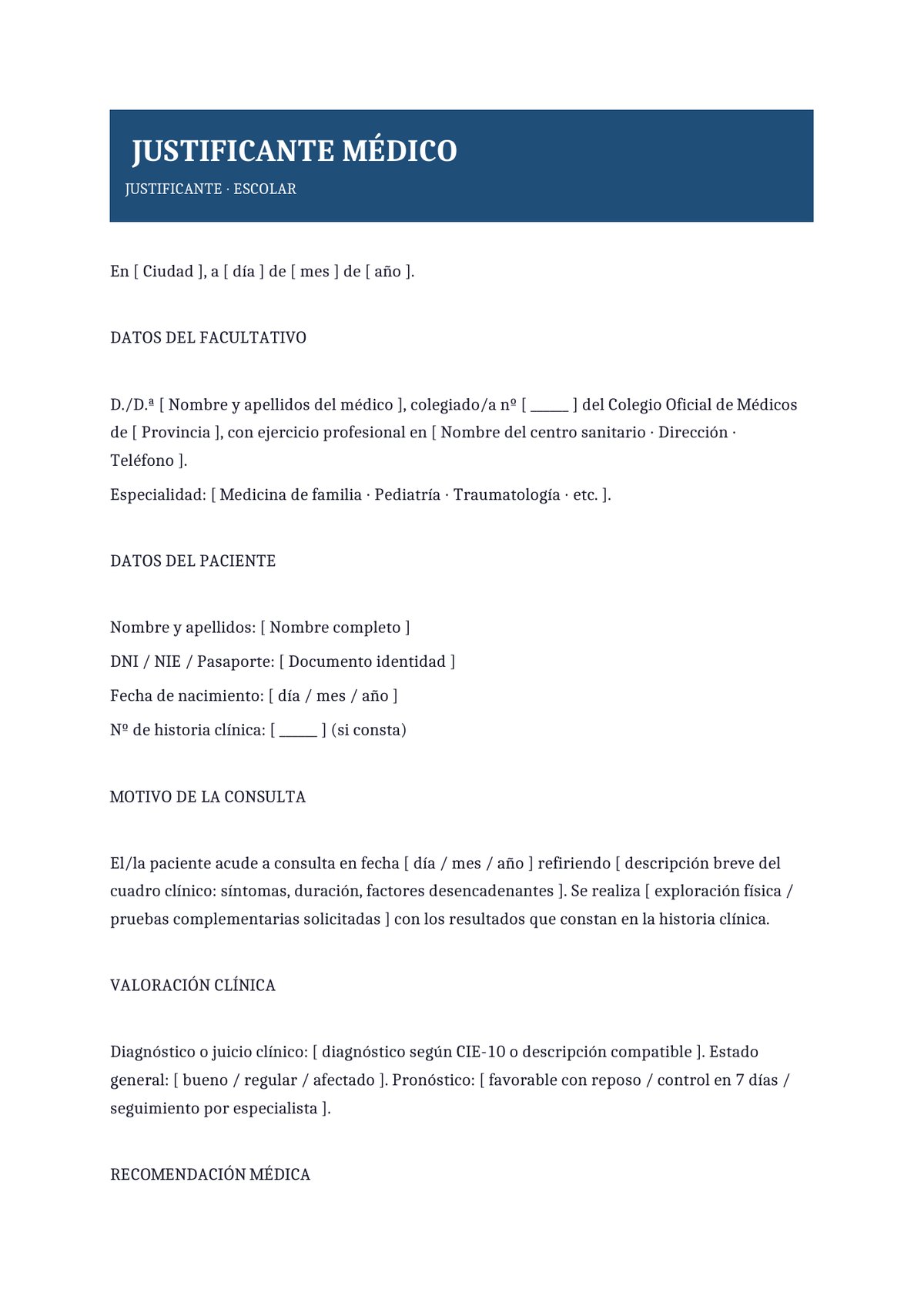 Plantilla Justificante médico escolar