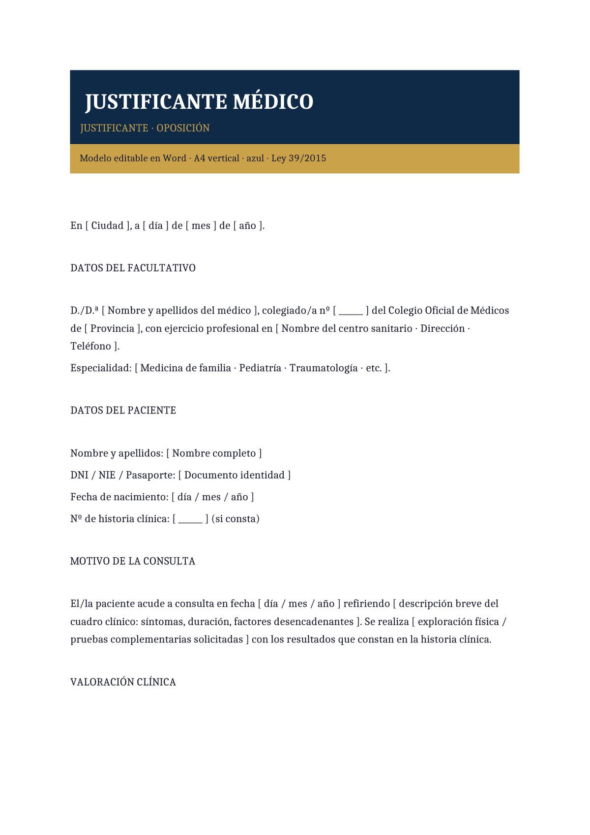Plantilla Justificante médico para examen u oposición
