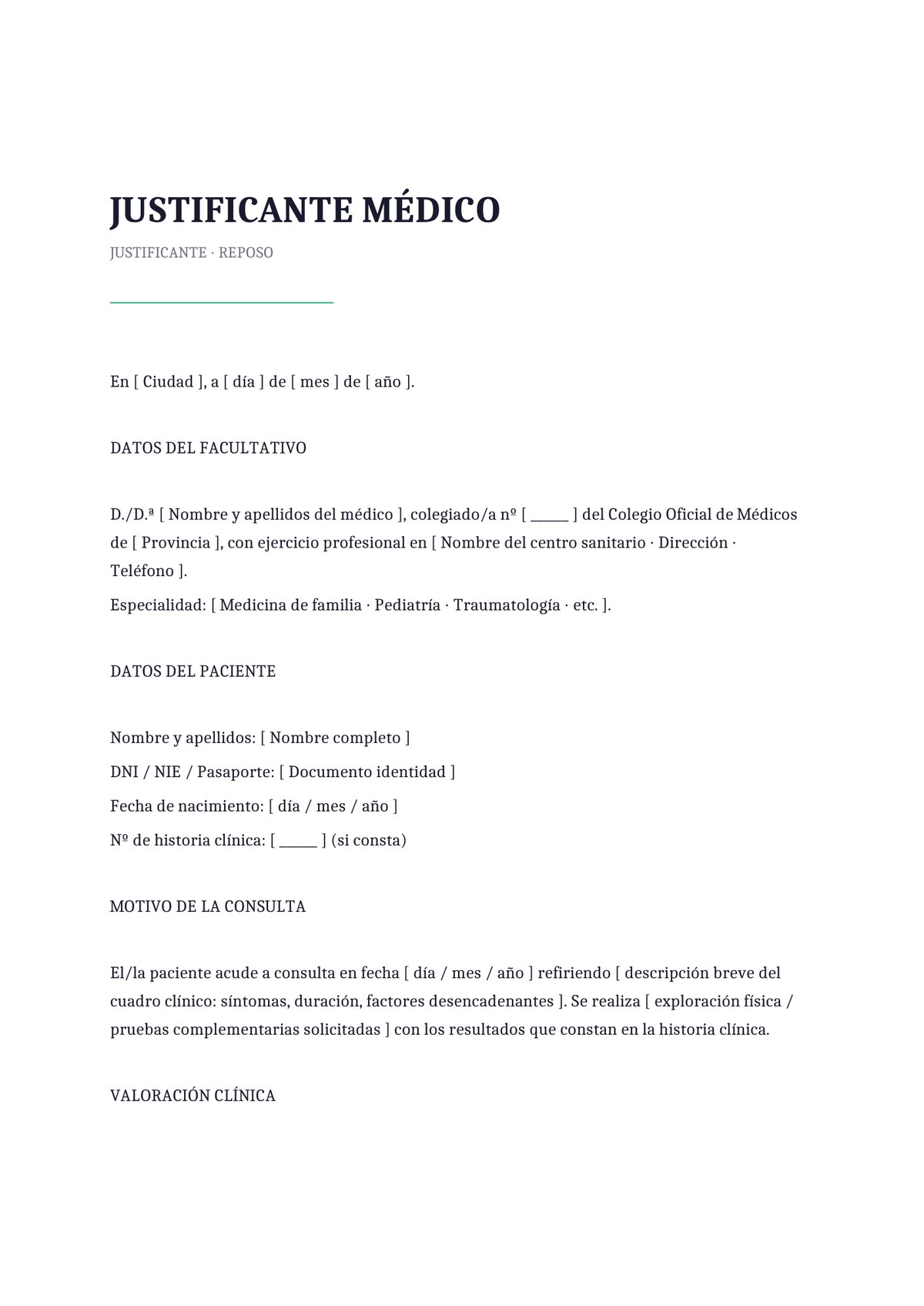 Plantilla Justificante médico de reposo domiciliario