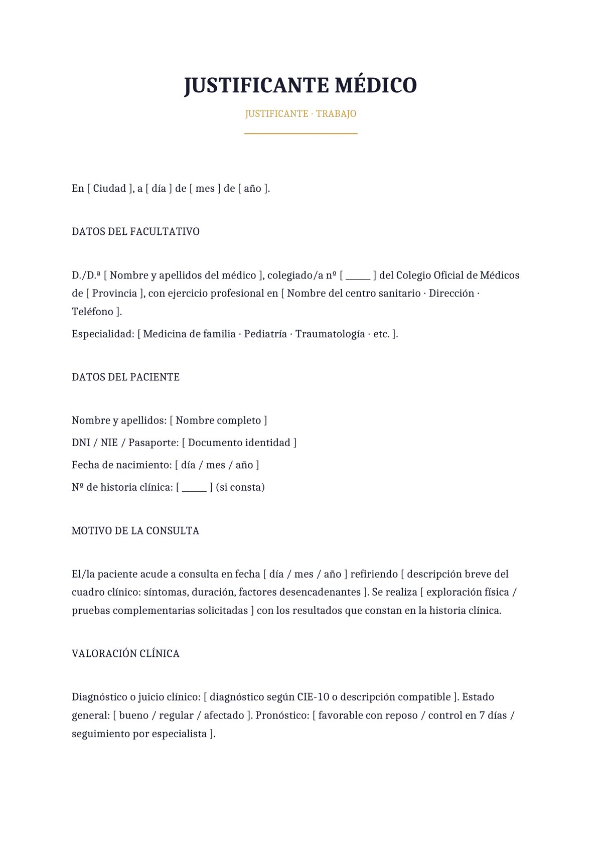 Plantilla Justificante médico para trabajo