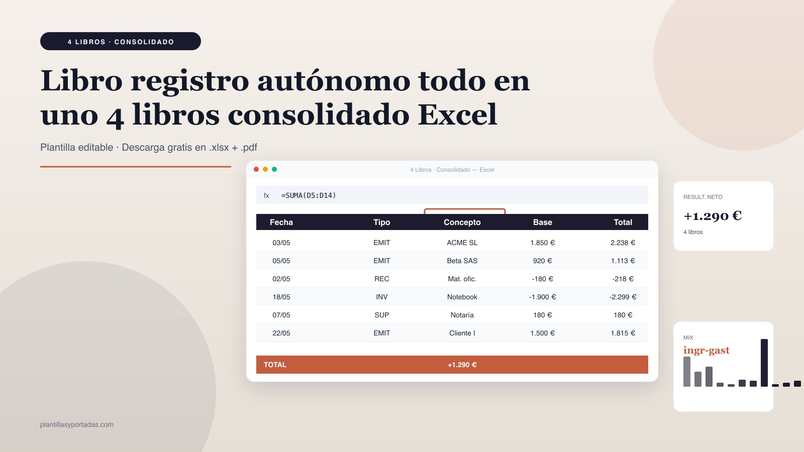 Plantilla Libro registro · todo en uno (4 libros) en Excel