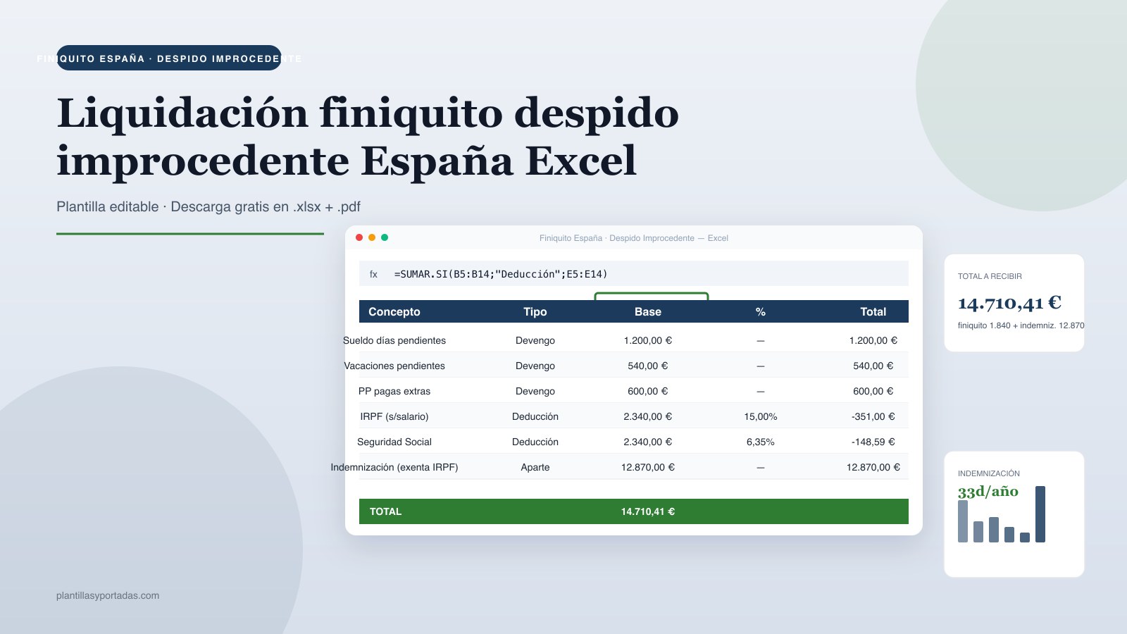 Plantilla Finiquito por despido improcedente — España en Excel