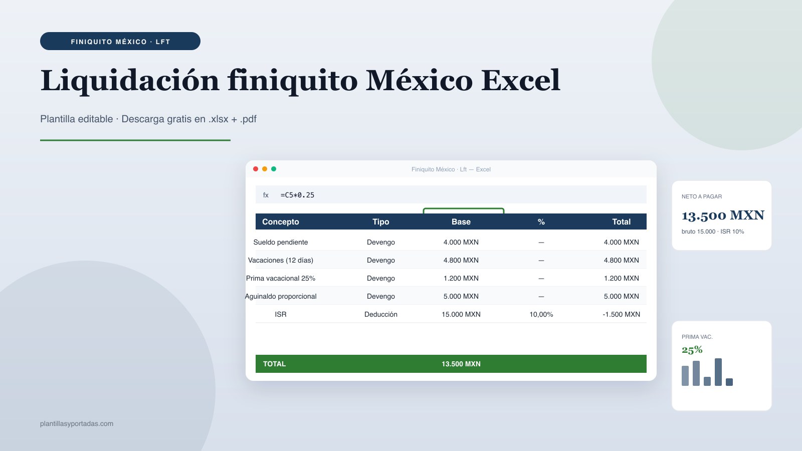 Plantilla Liquidación de finiquito — México (LFT) en Excel