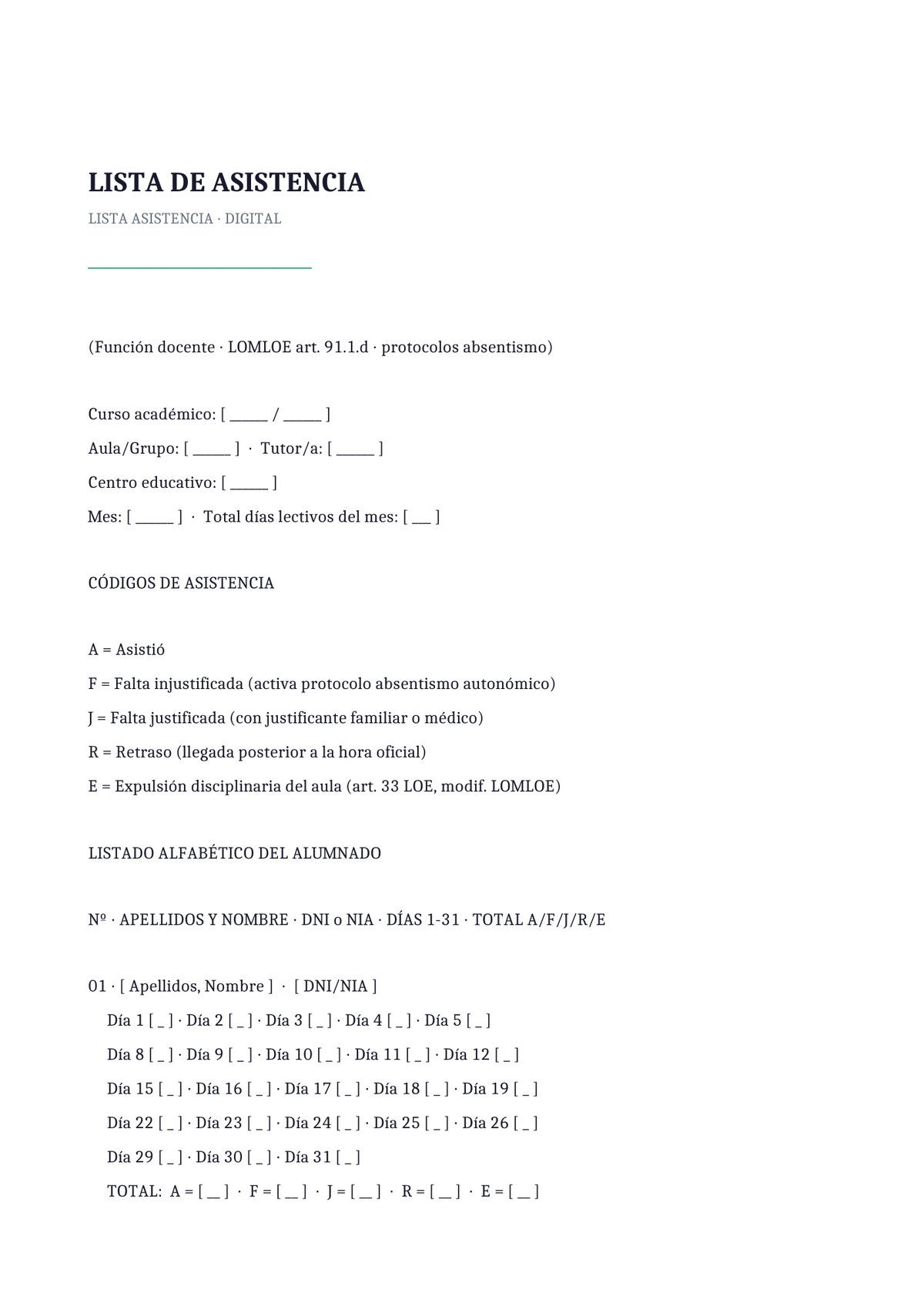 Plantilla Lista de asistencia digital-híbrida