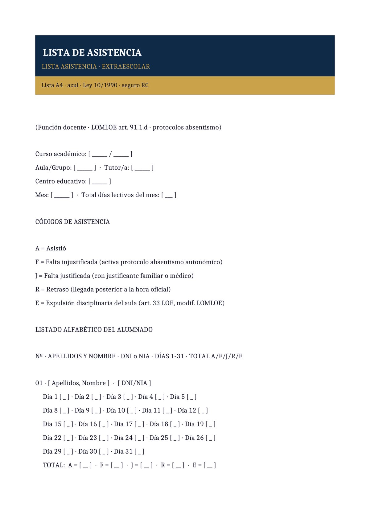 Plantilla Lista de asistencia extraescolar