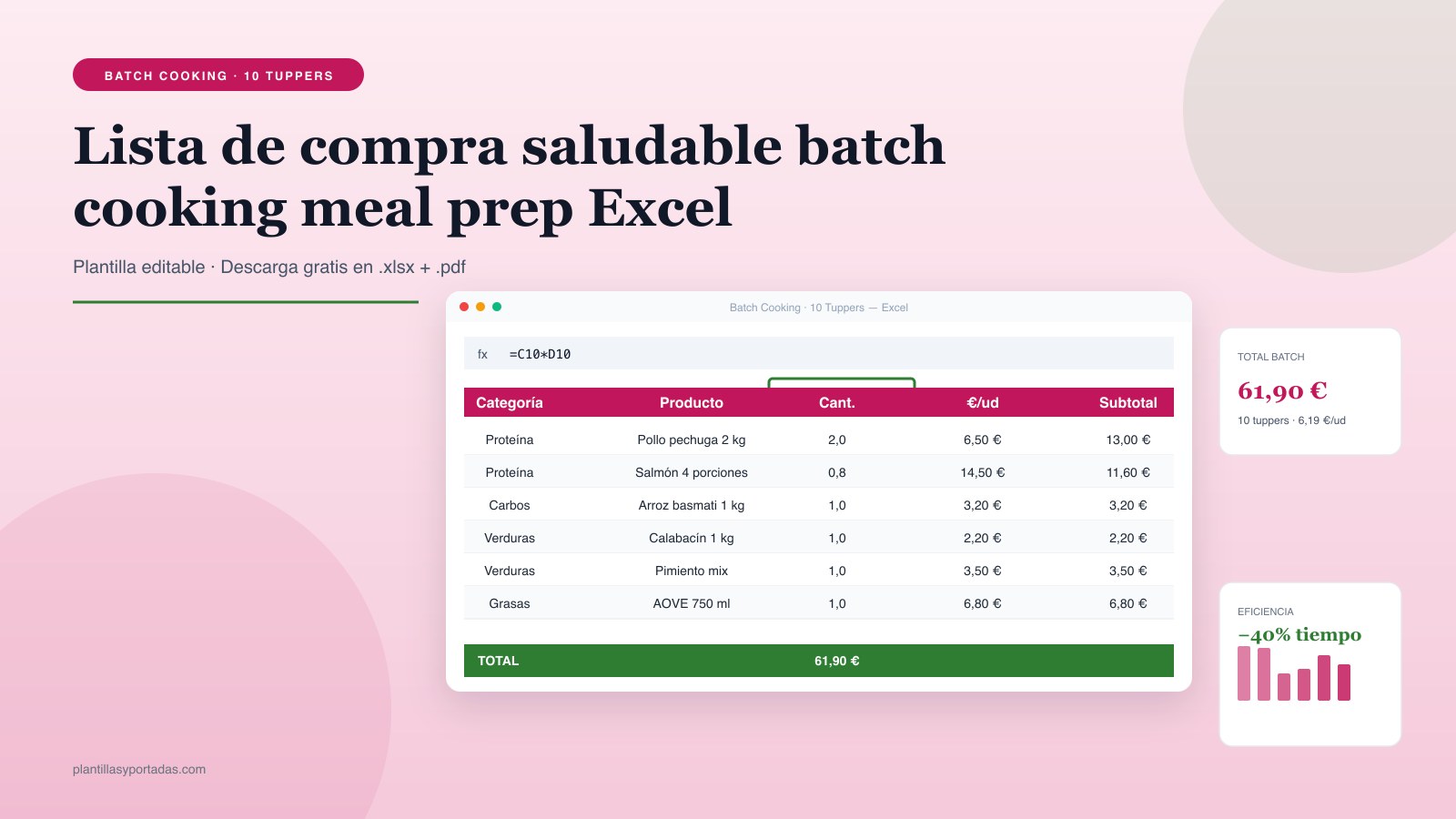 Plantilla Lista de compra saludable — batch cooking (10 comidas) en Excel