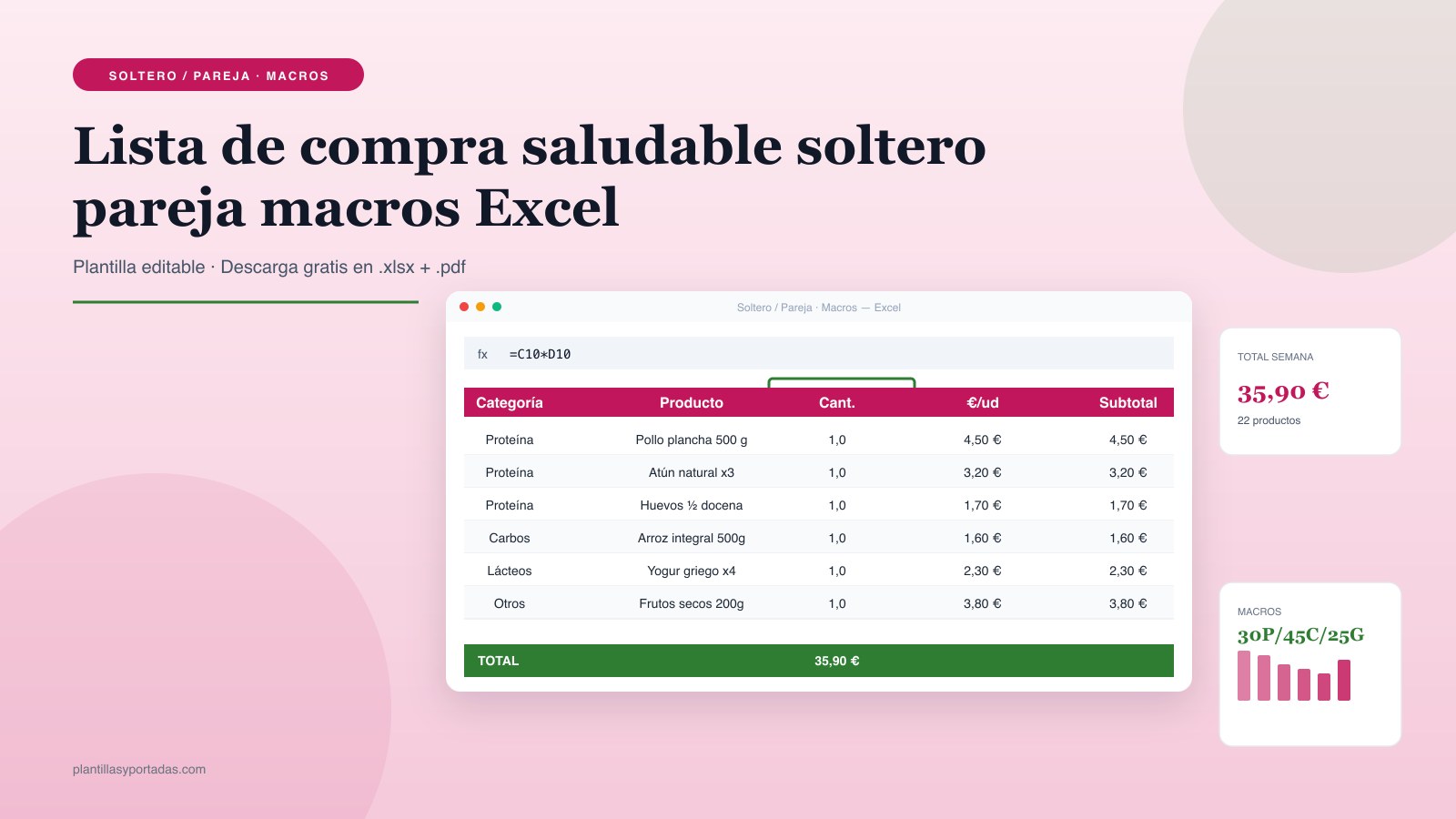 Plantilla Lista de compra saludable — soltero / pareja con macros en Excel