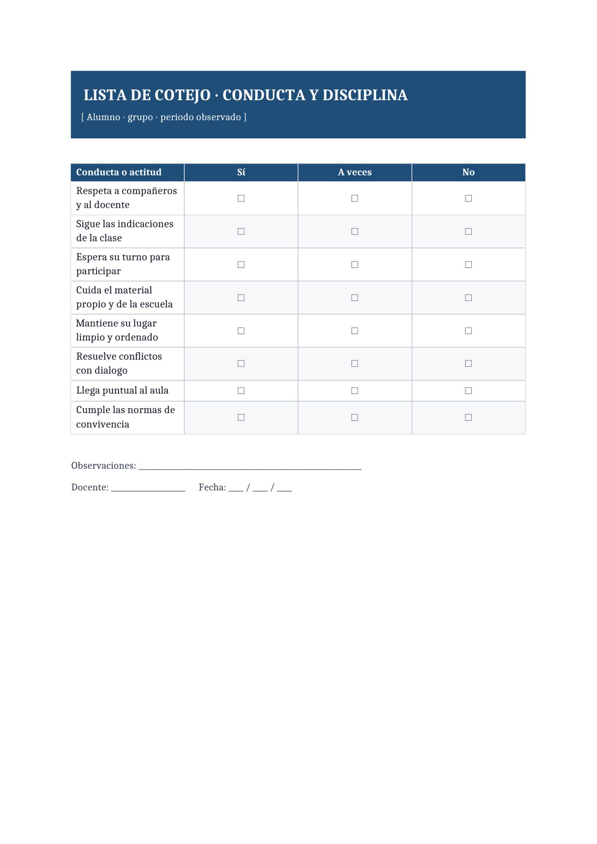 Plantilla Lista de cotejo de conducta y disciplina