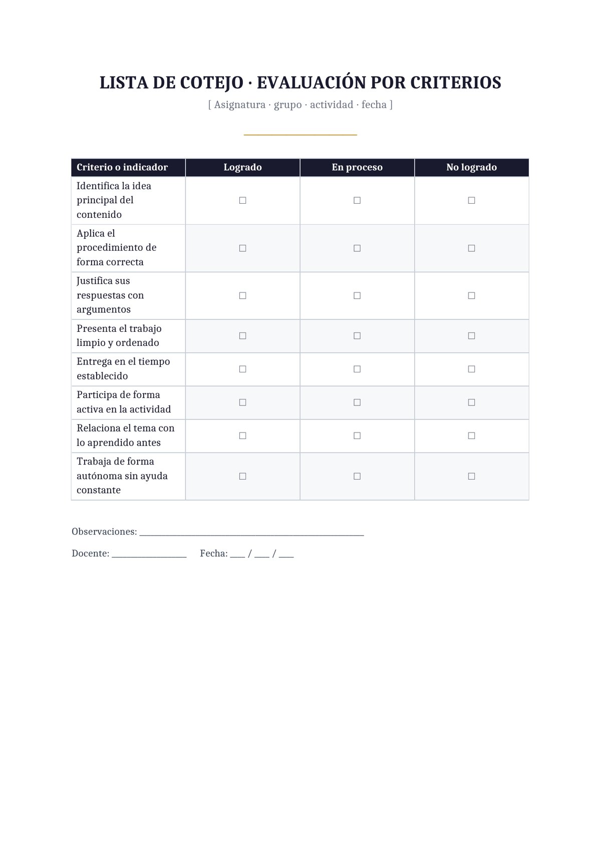 Plantilla Lista de cotejo de evaluación por criterios
