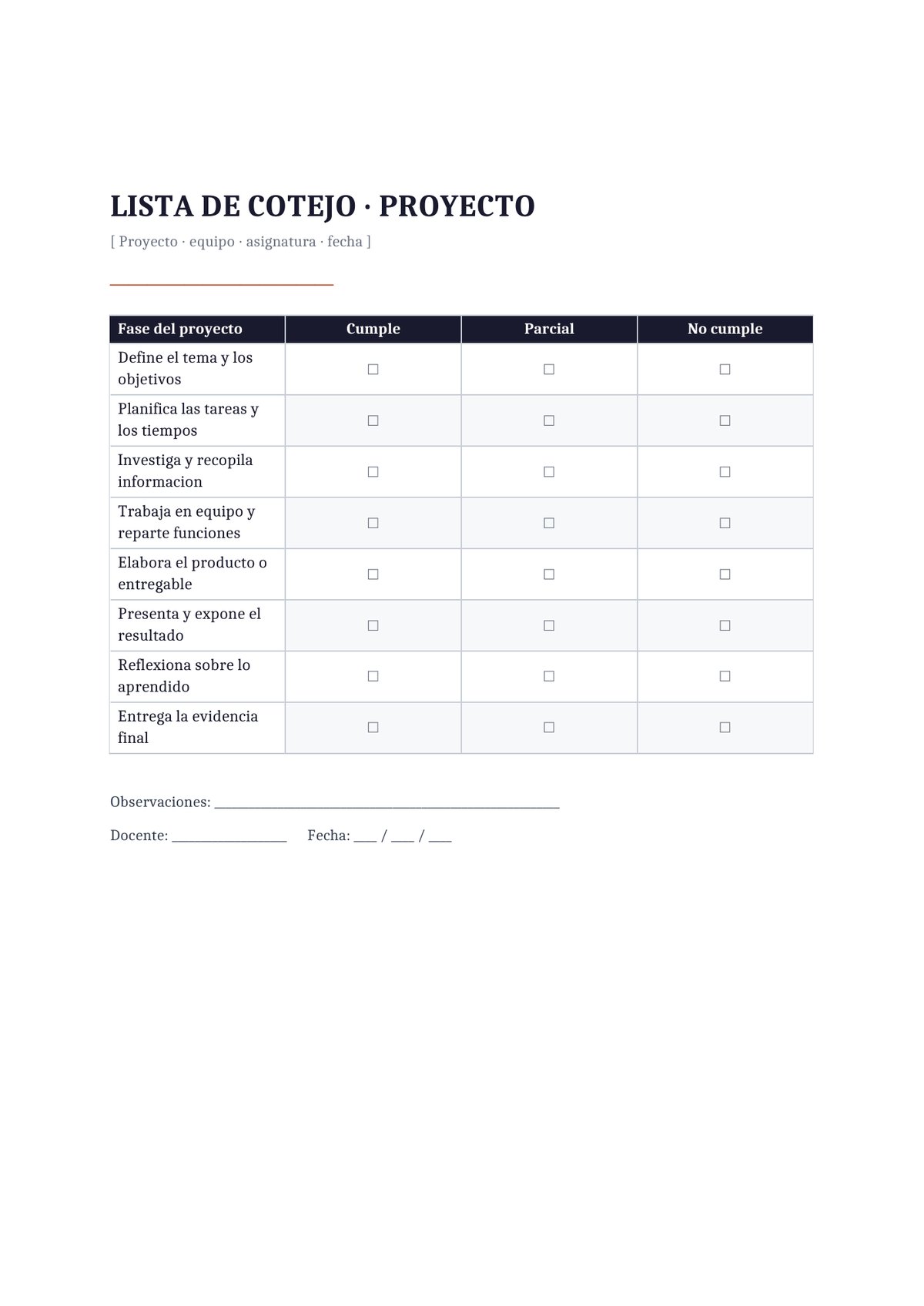 Plantilla Lista de cotejo de proyecto