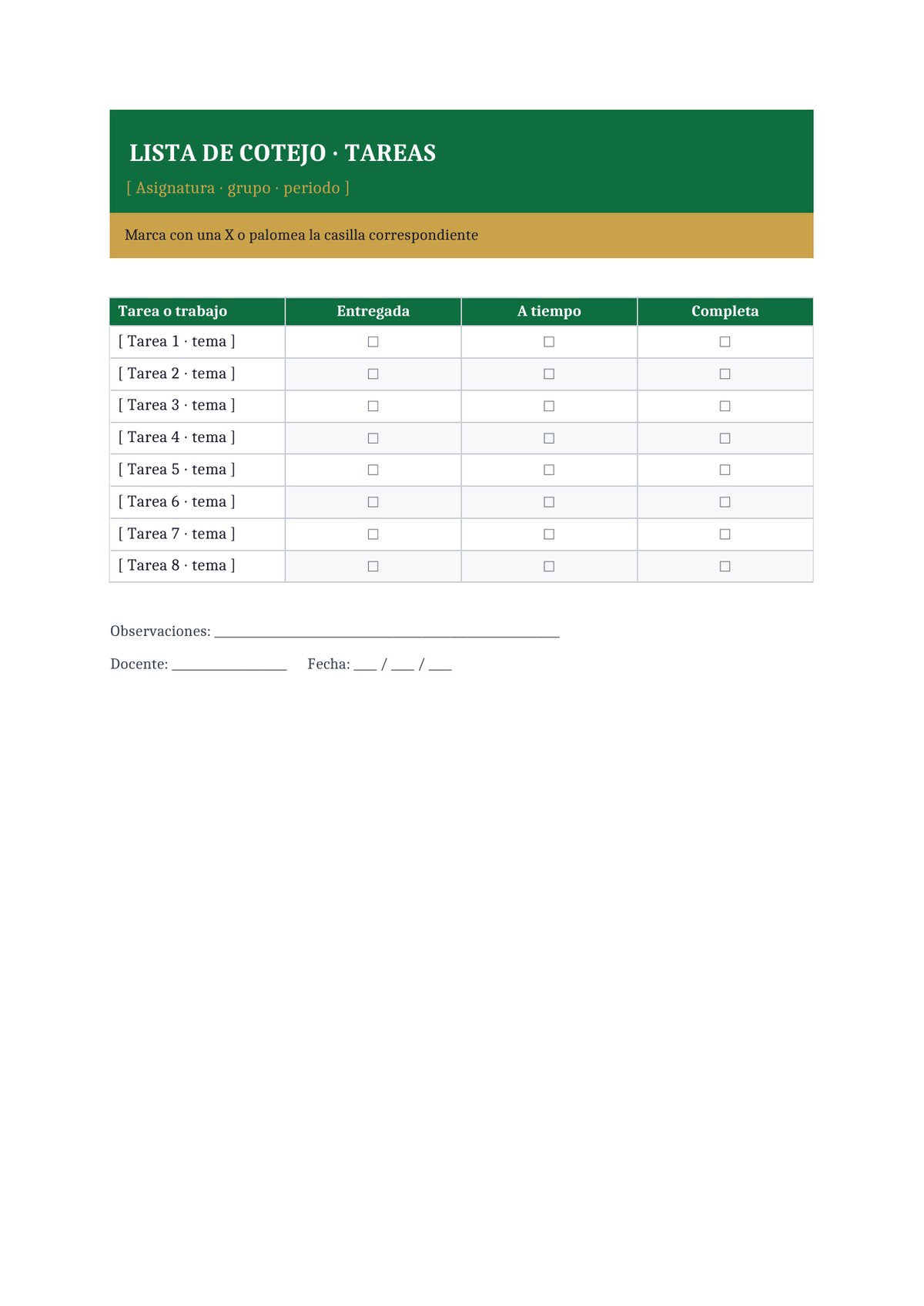 Plantilla Lista de cotejo de tareas