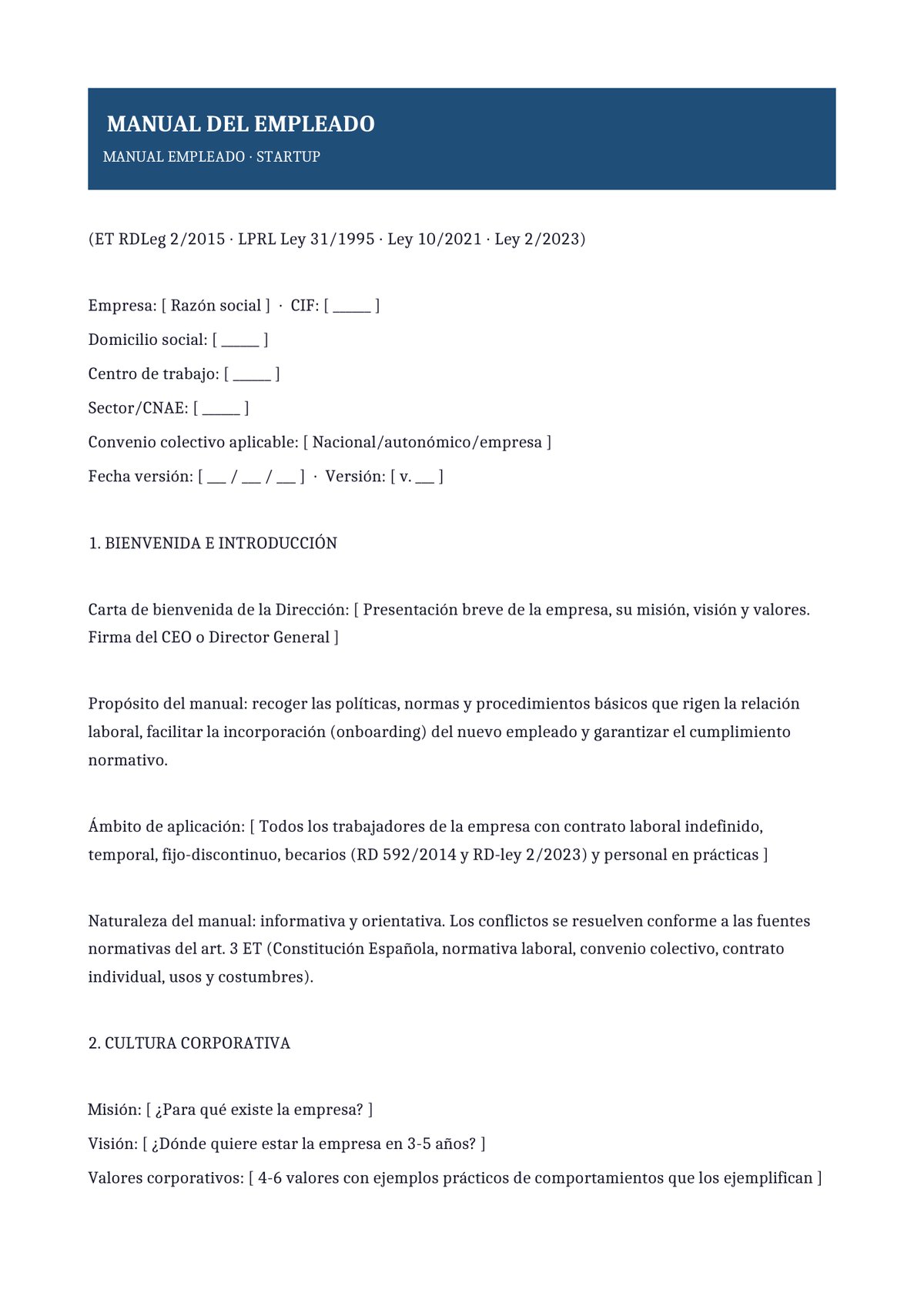 Plantilla Manual del empleado startup