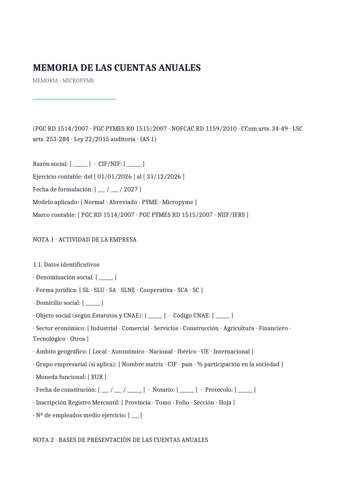 Plantilla Memoria anual abreviada micropyme