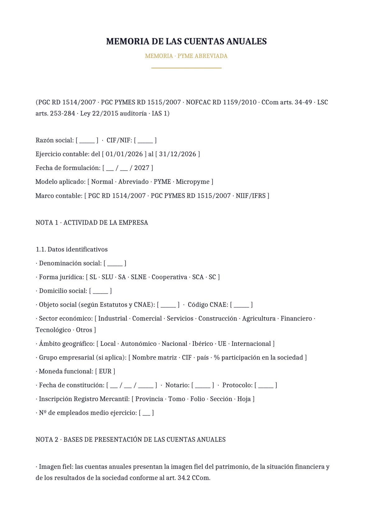 Plantilla Memoria anual abreviada PYME