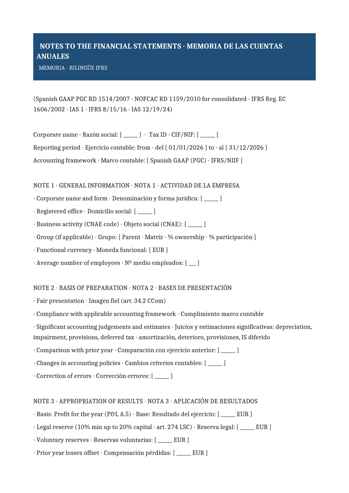 Plantilla Memoria anual bilingüe (ES + EN · IFRS Notes)