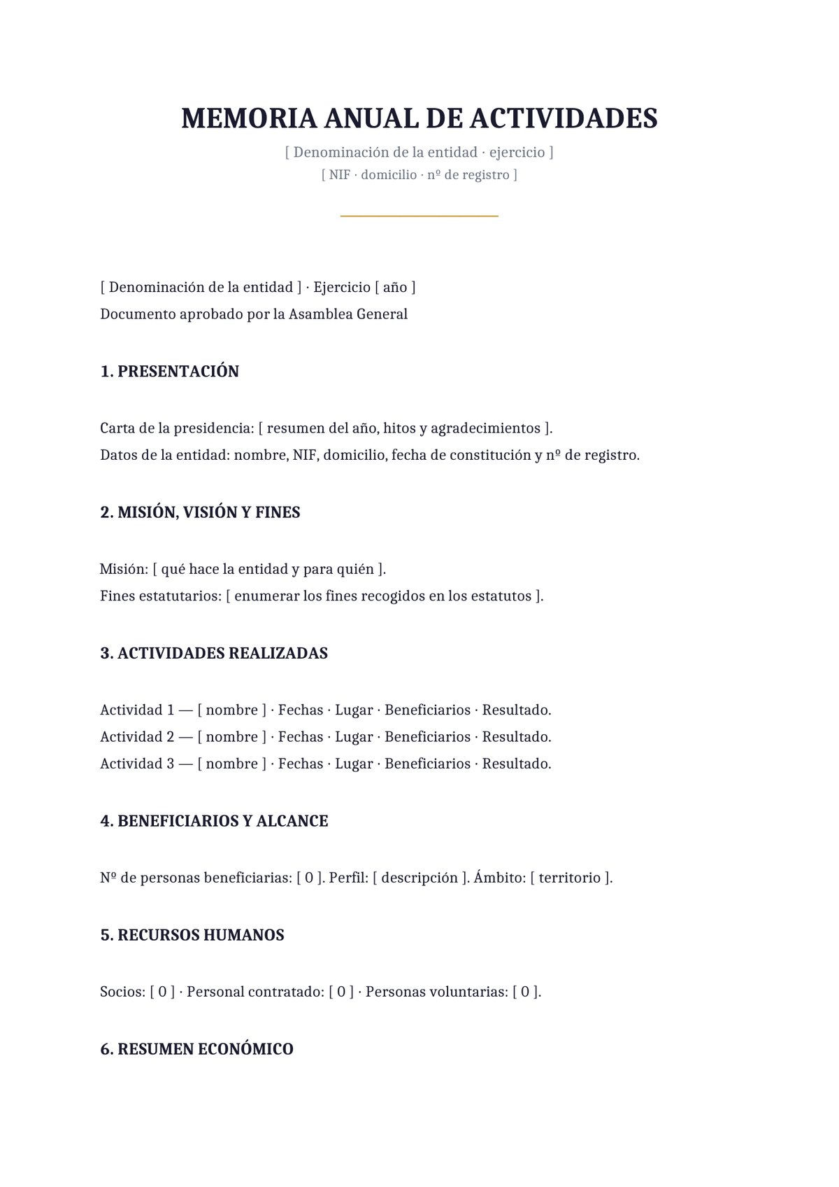 Plantilla Memoria anual de actividades estándar