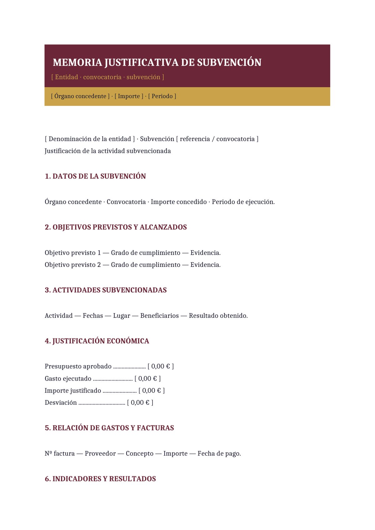Plantilla Memoria justificativa de subvención