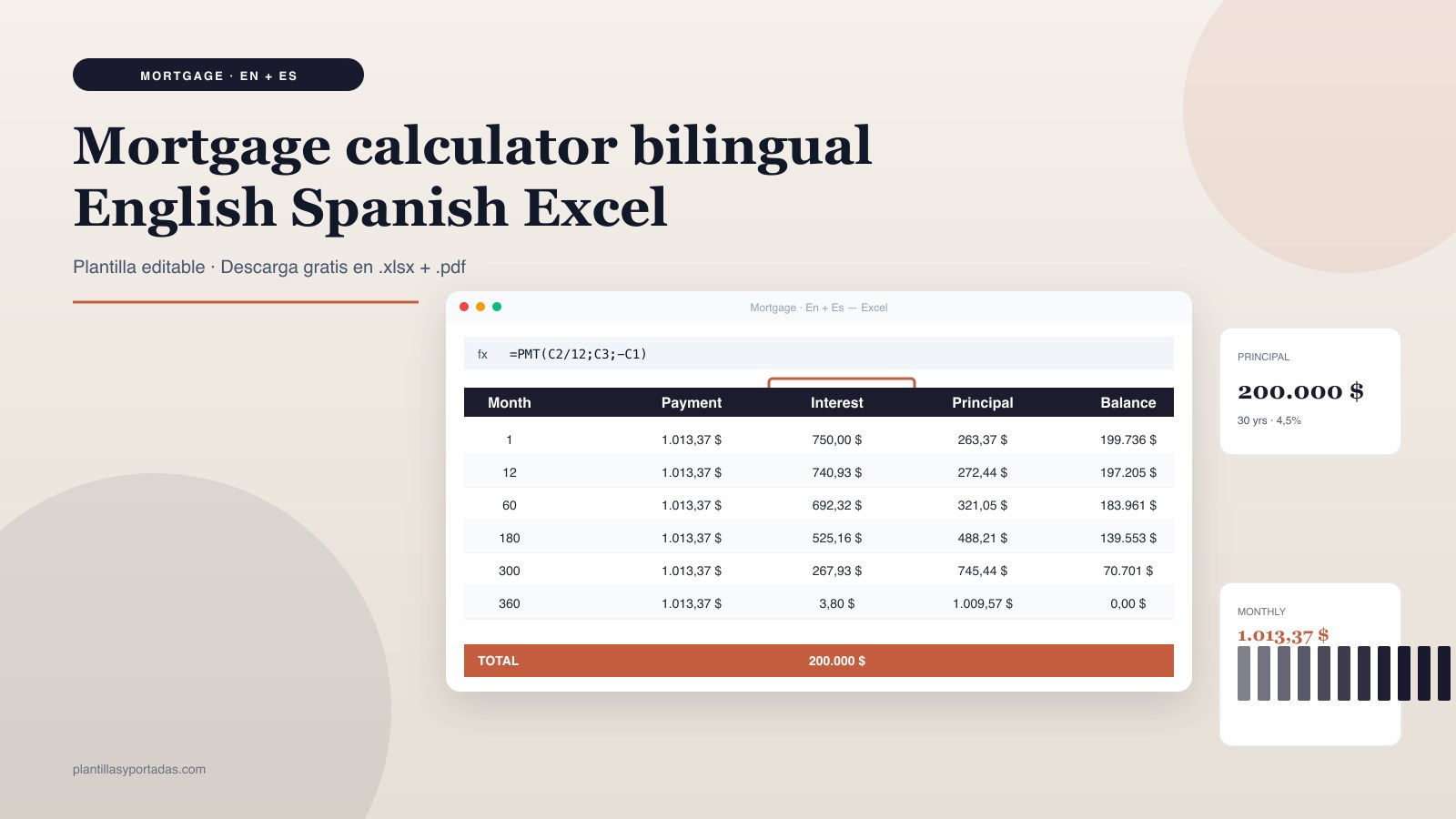 Plantilla Mortgage calculator — bilingual EN + ES en Excel